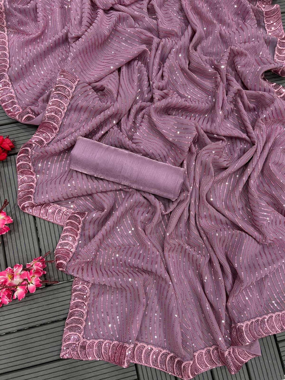 Glimmering Dusty Pink Color Sequence Work Saree