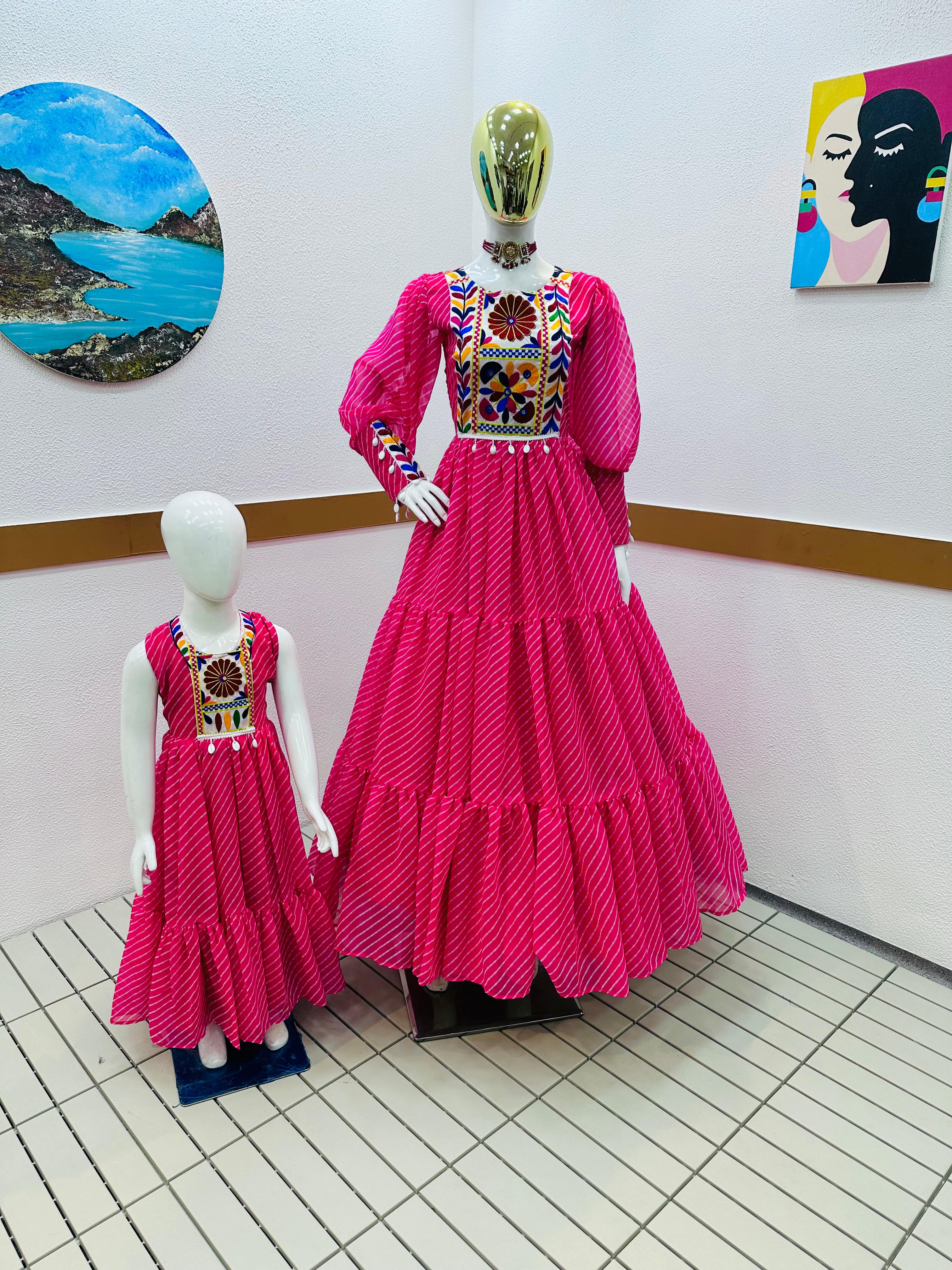 Traditional Wear Pink Color Mother Daughter Gown Combo