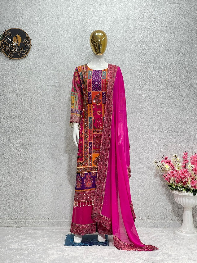 Wedding Wear Pink Color Multi Hand Work Sharara Suit