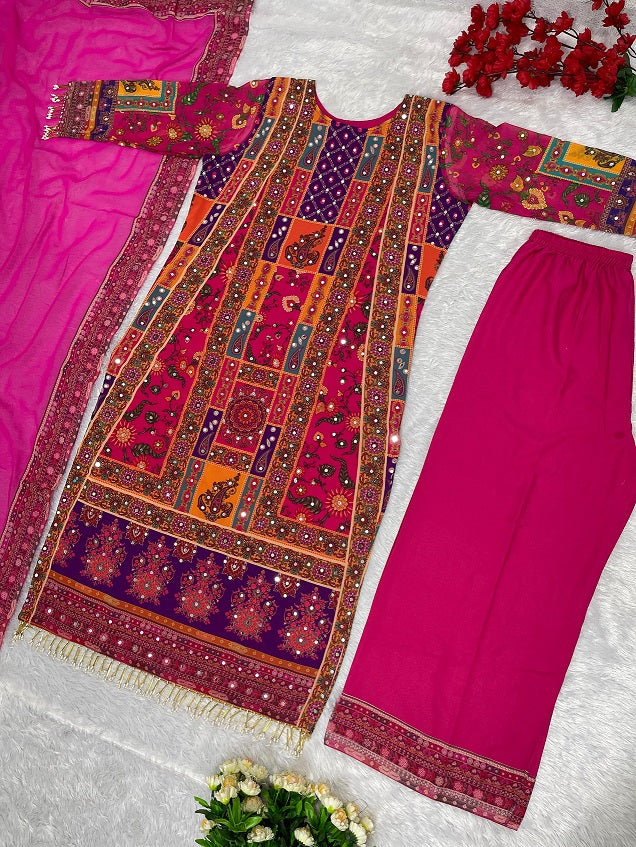 Wedding Wear Pink Color Multi Hand Work Sharara Suit