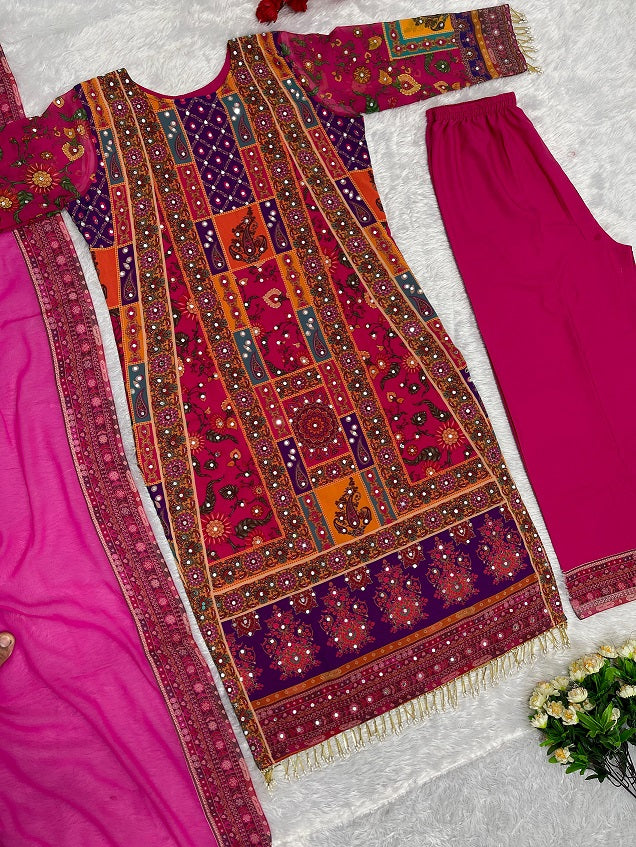 Wedding Wear Pink Color Multi Hand Work Sharara Suit