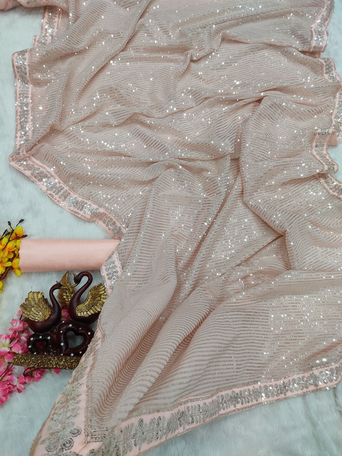 Party Wear Light Peach Color Sequence Saree