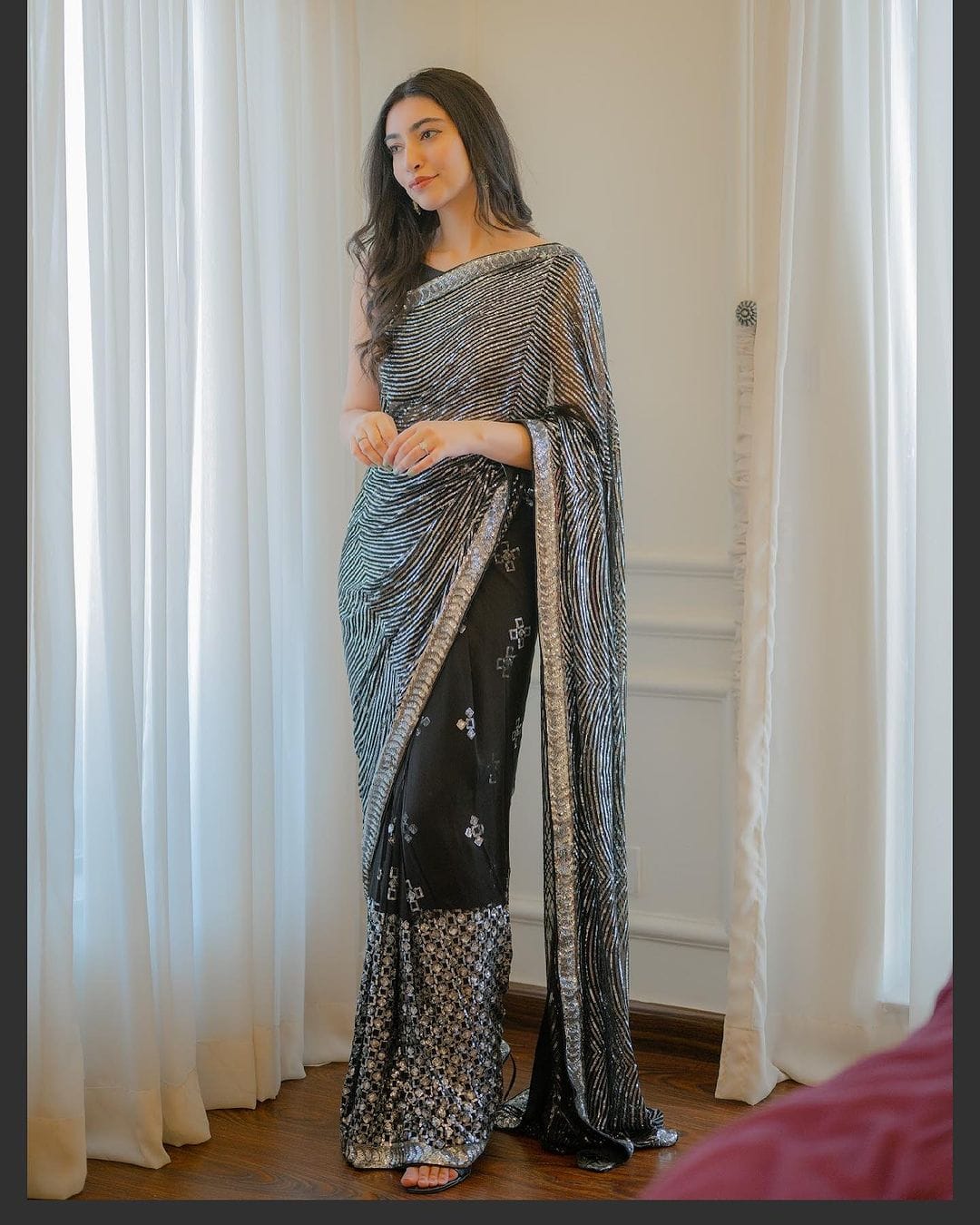 Silver Sequence Work Dazzling Black Color Saree