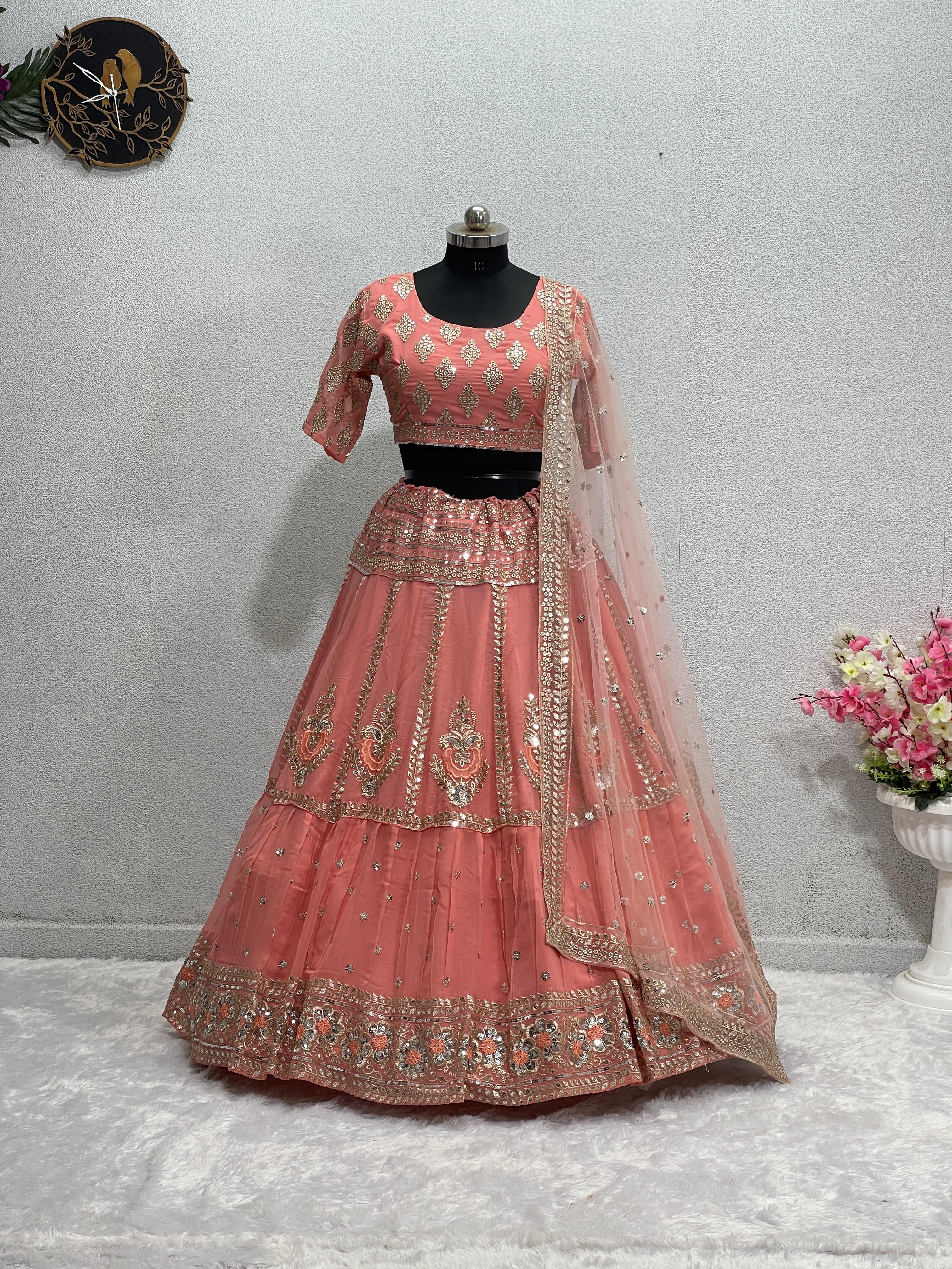 Bridal Wear Peach Color Heavy Embroidered Lehenga Choli