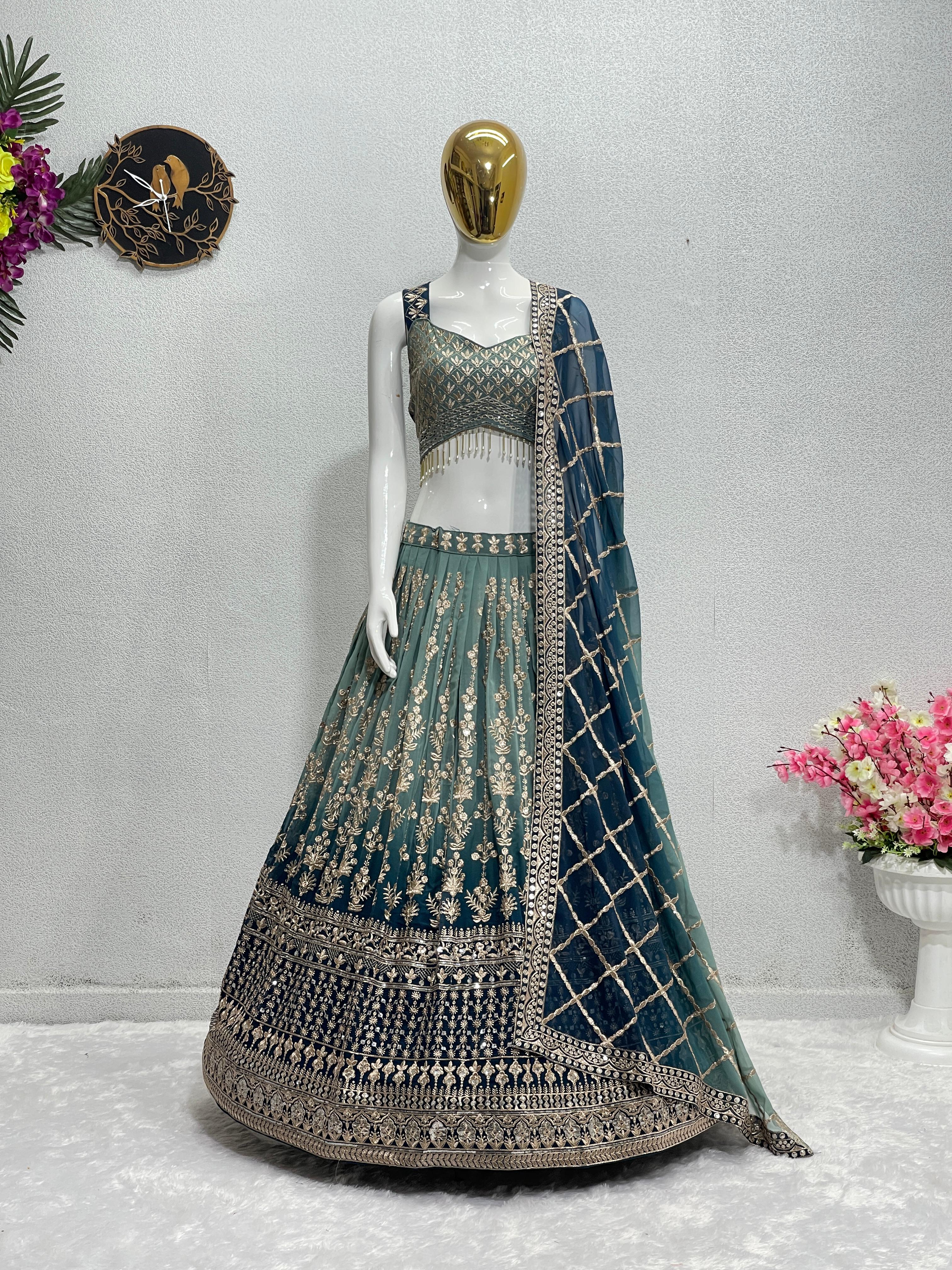 Wedding Wear Aqua Green Color Shade Heavy Lehenga Choli