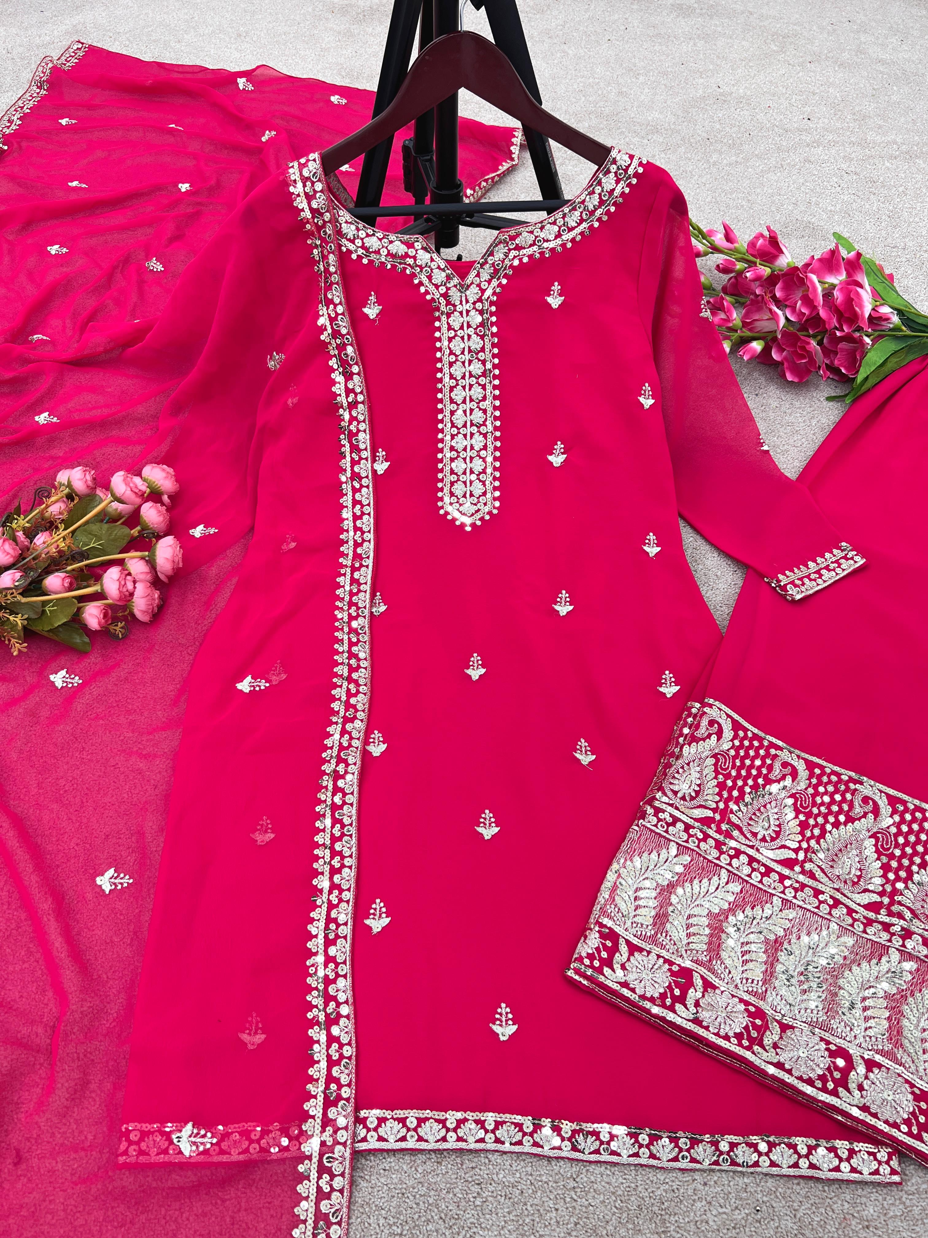 Wedding Pink Color Sequence Embroidery Work Sharara Suit