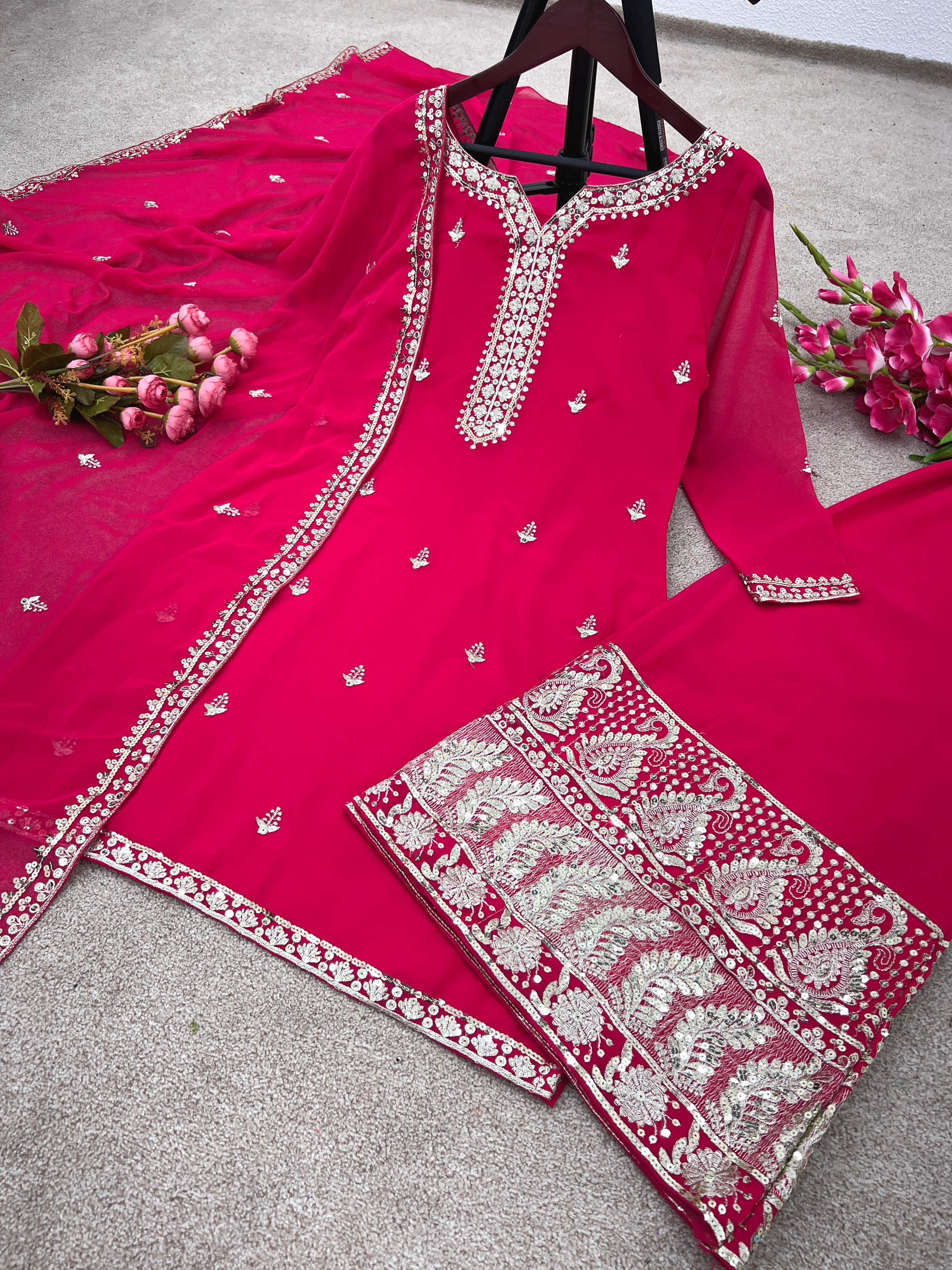 Wedding Pink Color Sequence Embroidery Work Sharara Suit