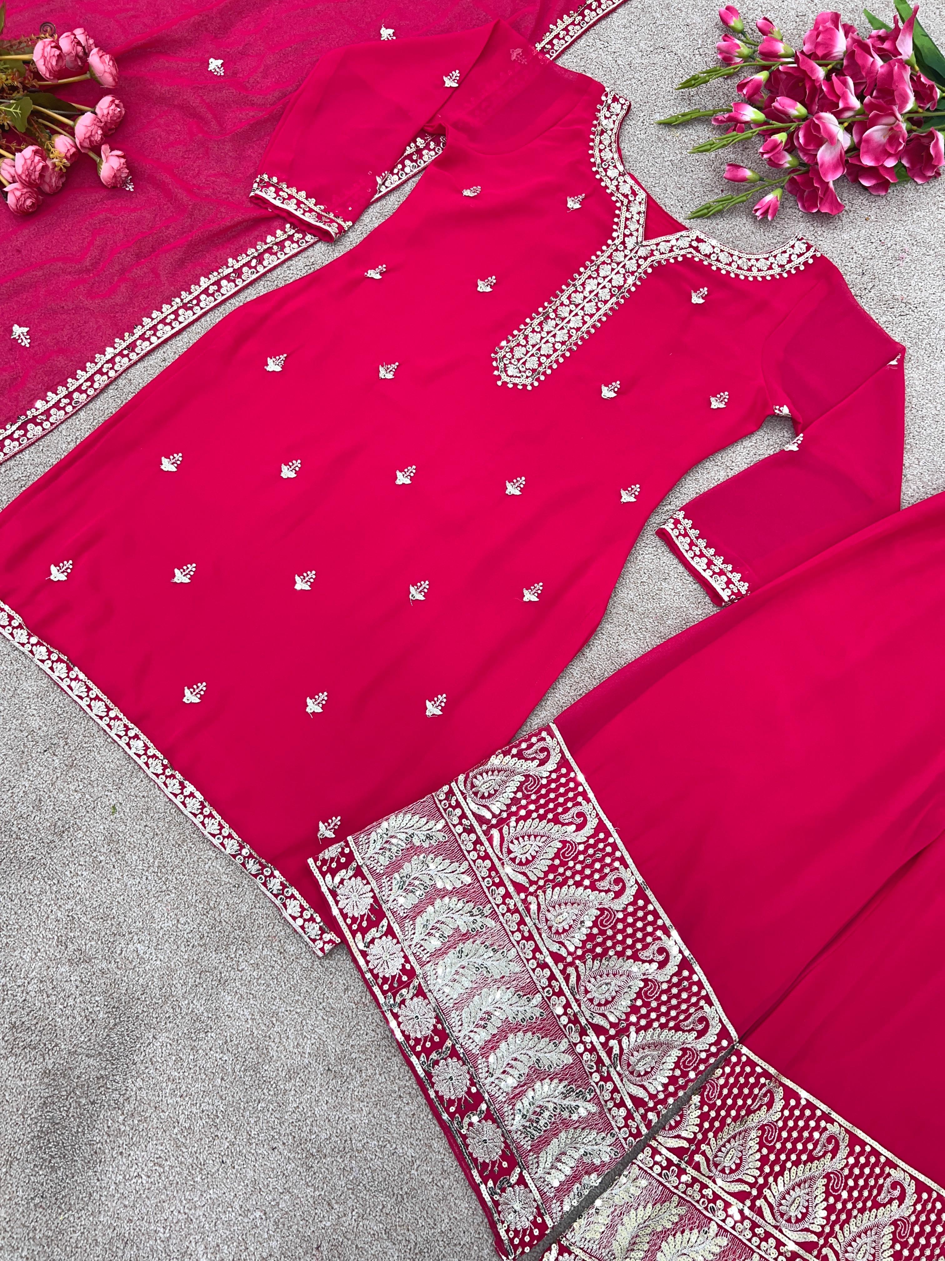 Wedding Pink Color Sequence Embroidery Work Sharara Suit