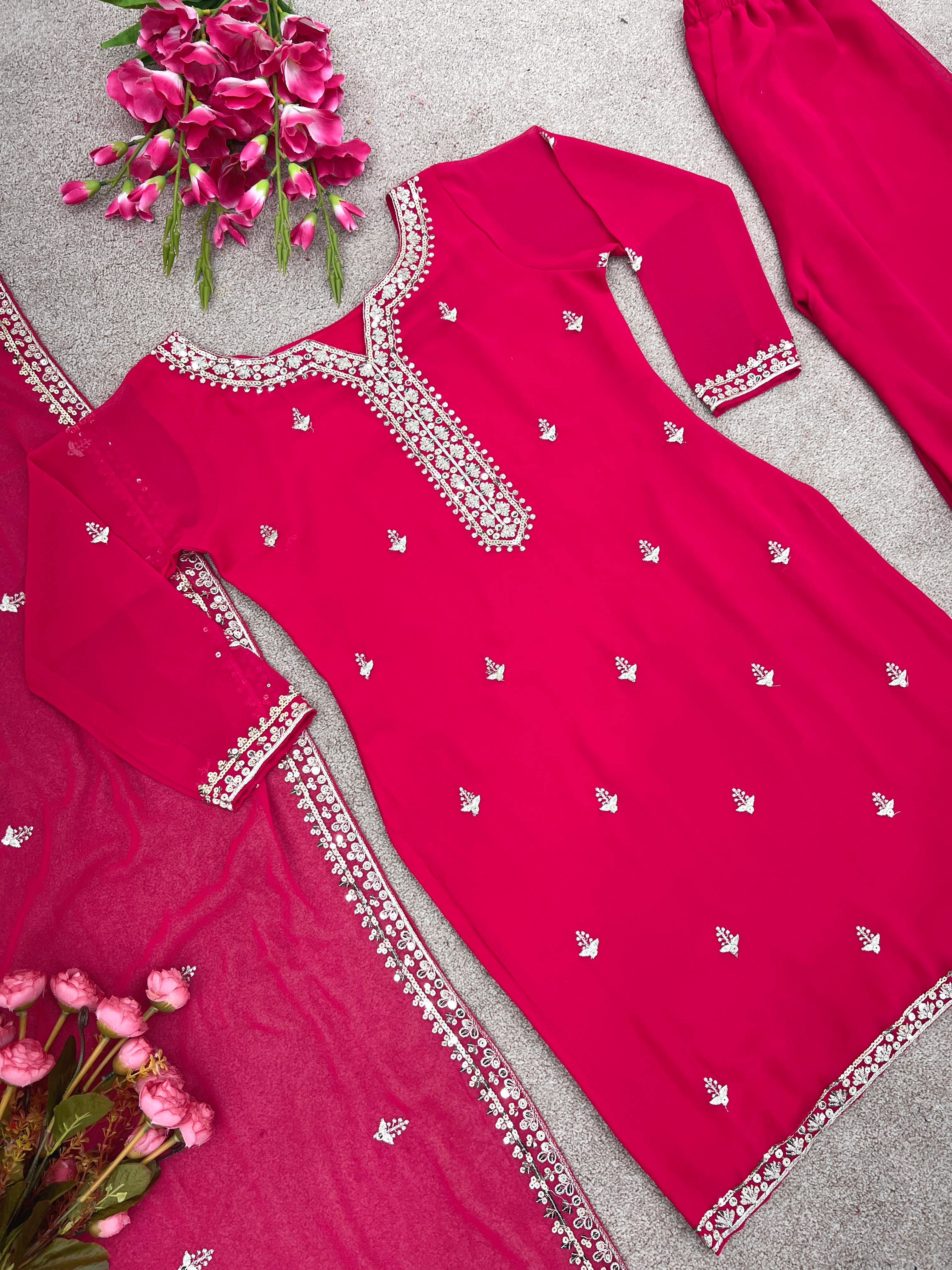 Wedding Pink Color Sequence Embroidery Work Sharara Suit