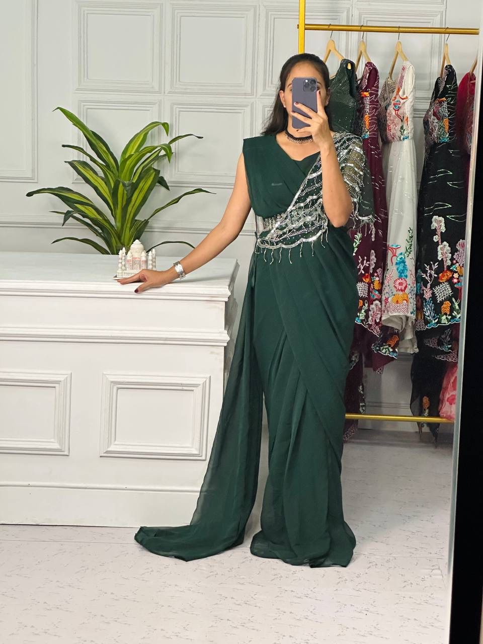 Fancy Dark Green Ready To Wear Saree With Shrug