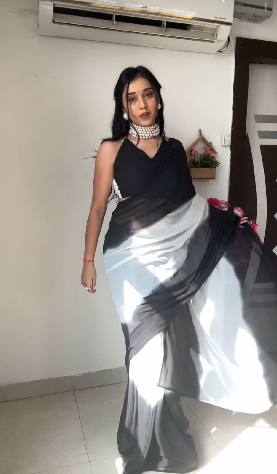 Terrific Ready To Wear Black And White Color Print Saree