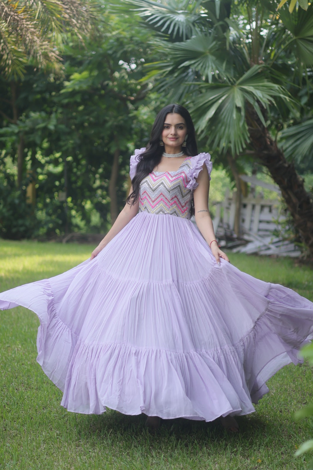 Lilac Purple Georgette Sequins Multithreaded Embroidered Gown