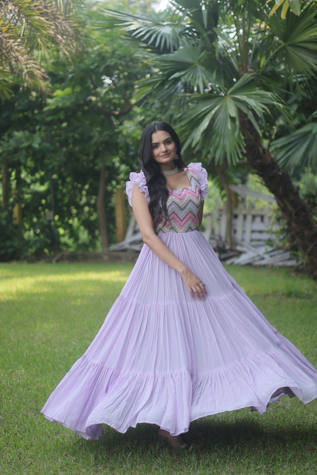 Lilac Purple Georgette Sequins Multithreaded Embroidered Gown