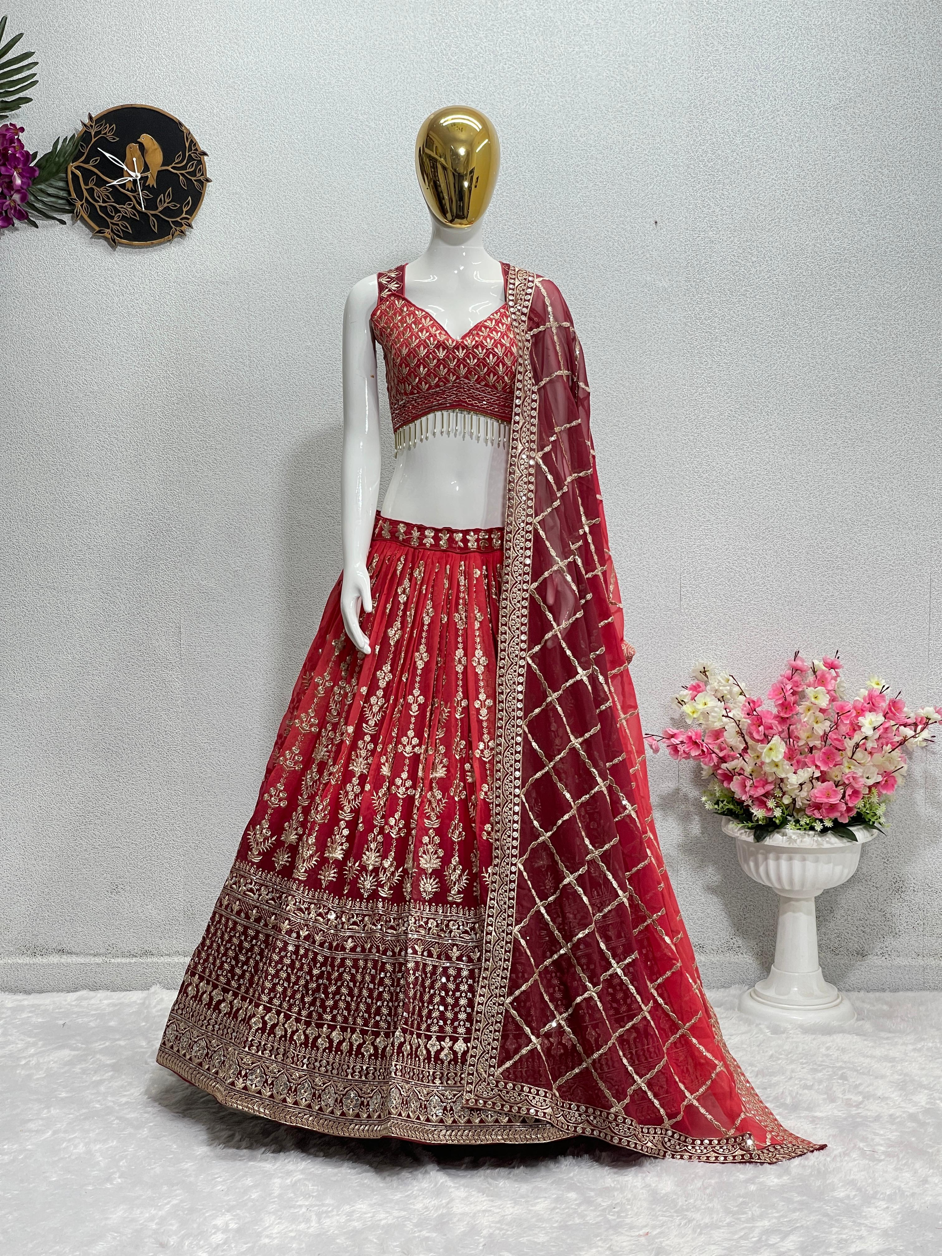 Wedding Wear Aqua Red Color Shade Heavy Lehenga Choli