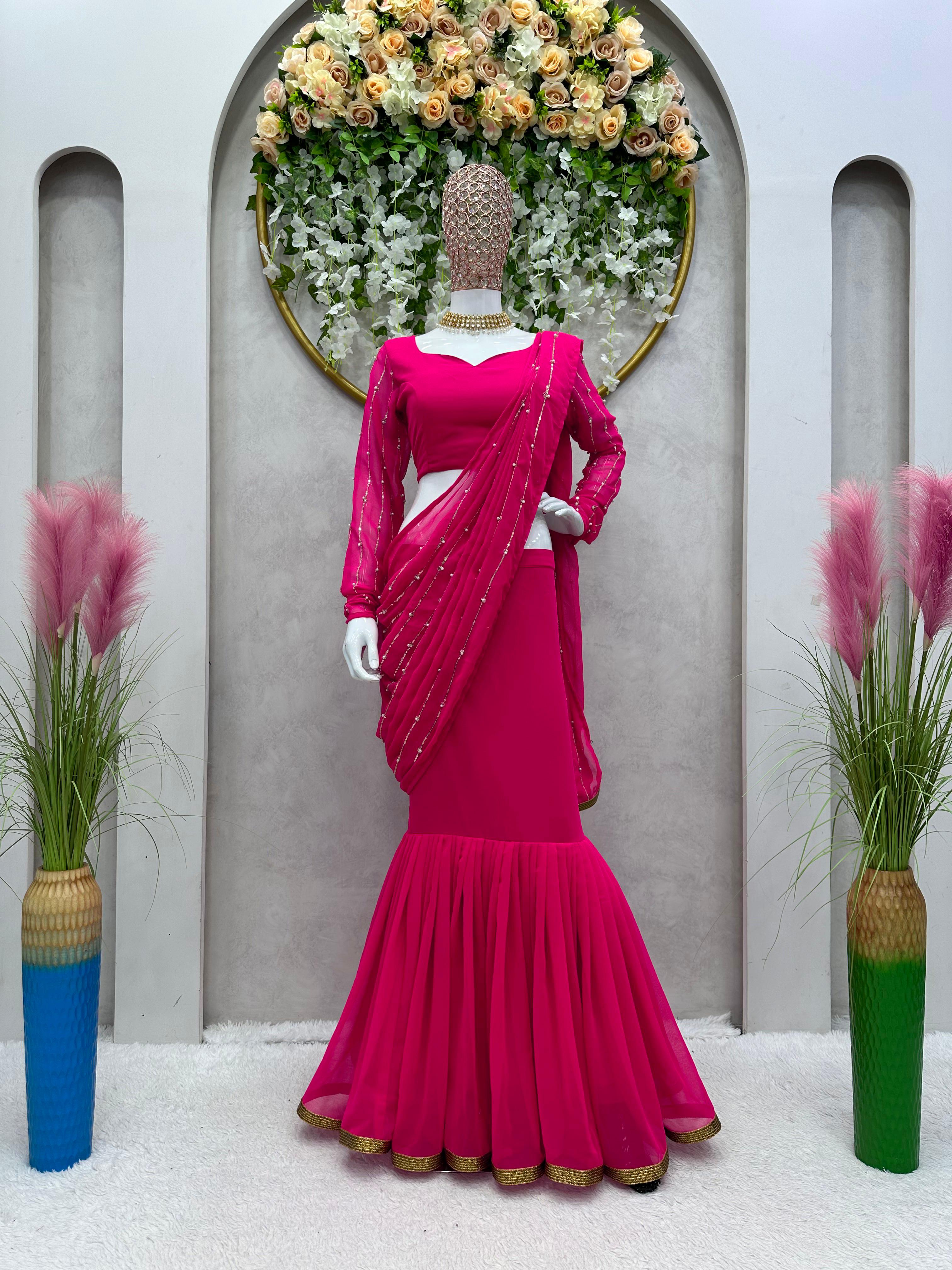 Admiring Pink Color Georgette Sequence with Rivet Moti Work Lehenga Choli
