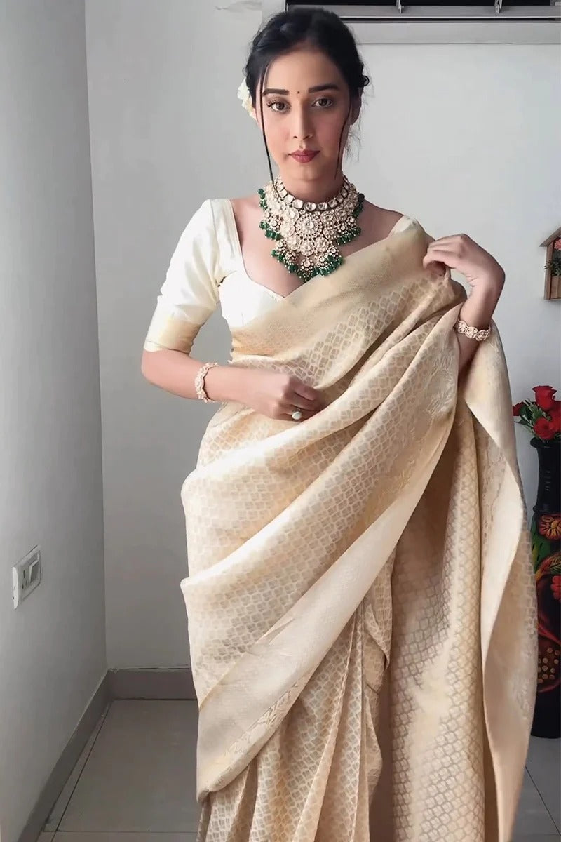 Mesmerizing  White Color Lichi Silk Ready To Wear saree