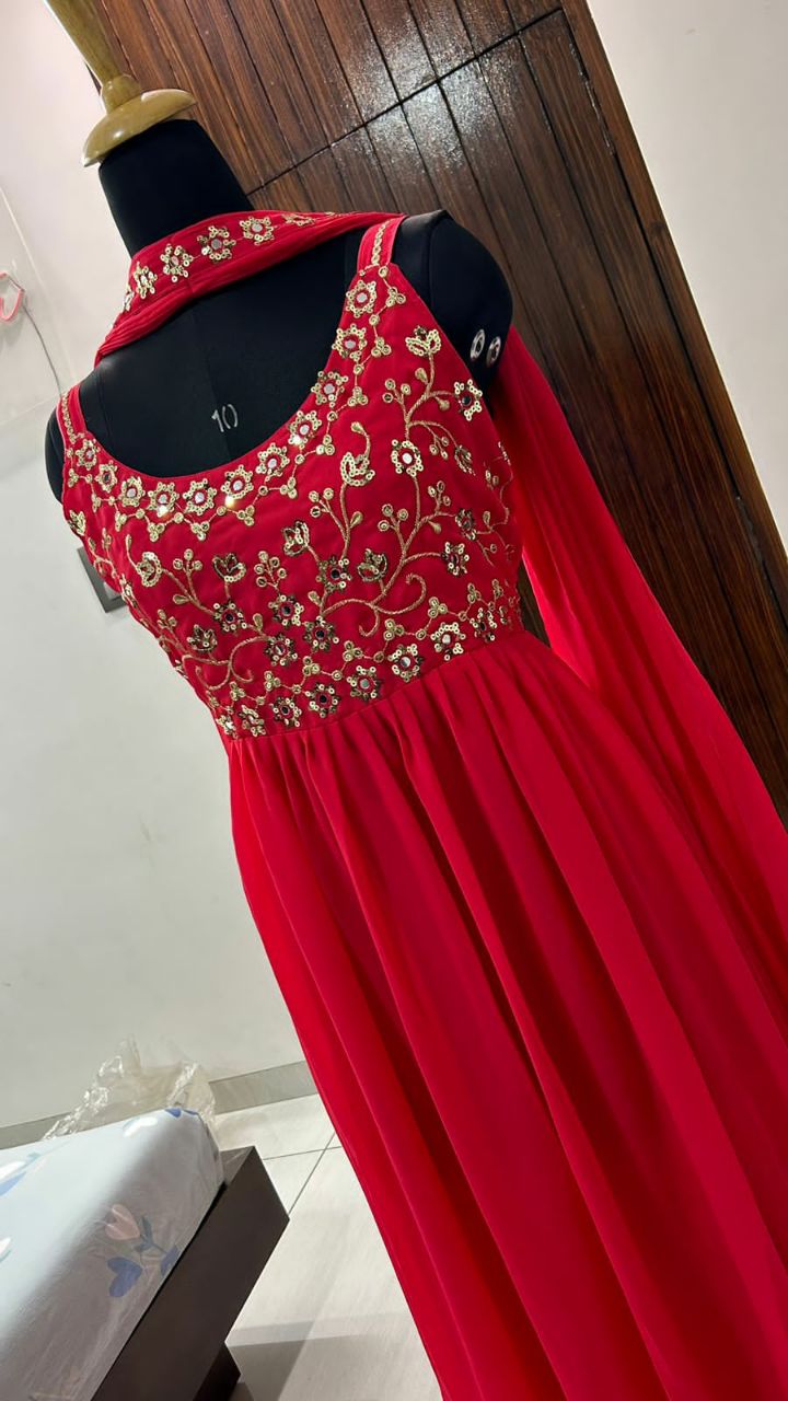Luxuriant Red Color Sequence Zari & Real Mirror Work Gown With Dupatta