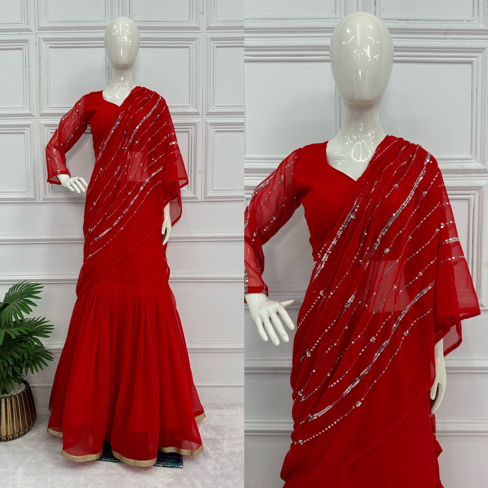 Fashionable  Red  Color Lehenga Saree