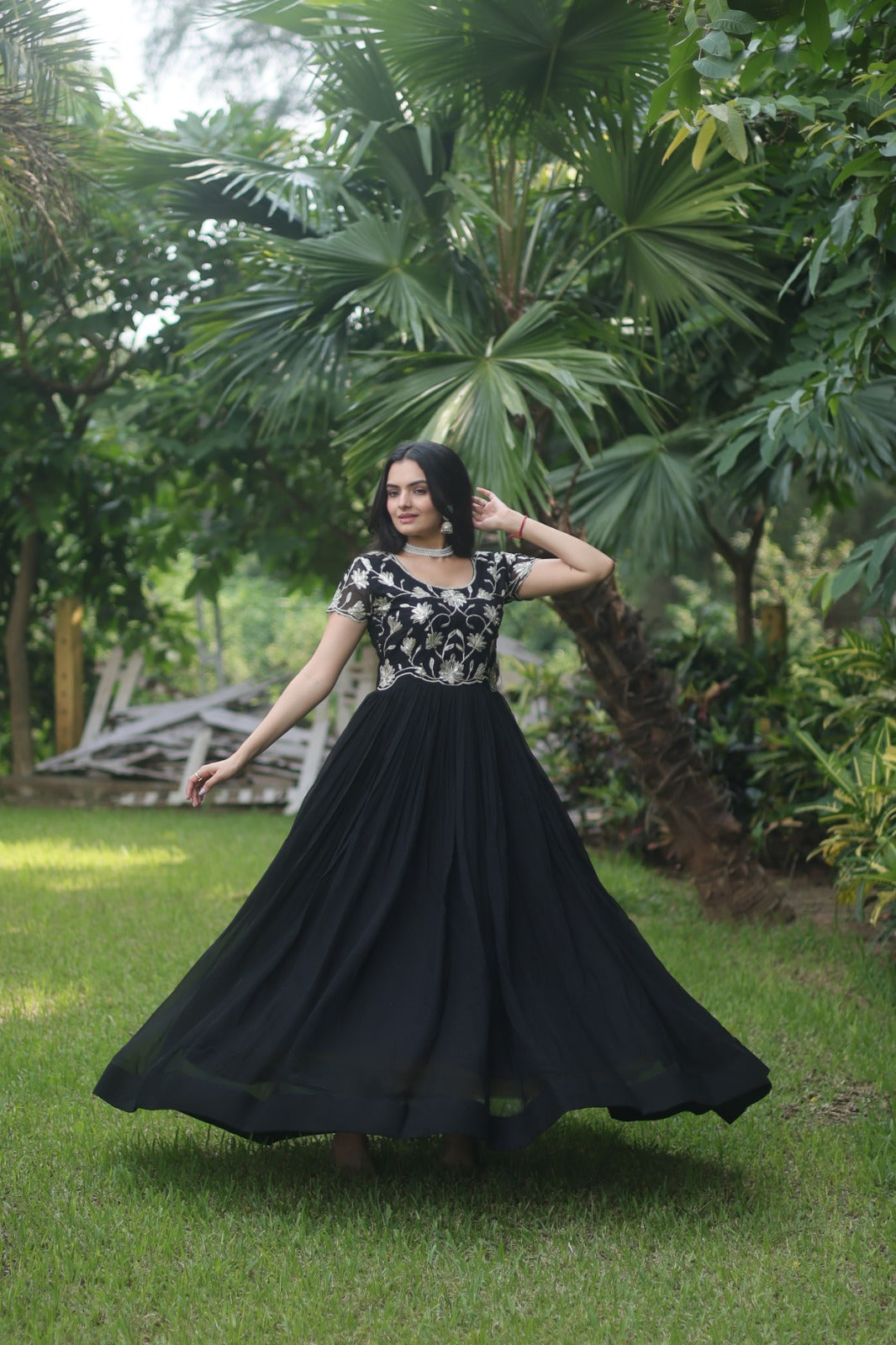 Luxuriant Black Color Blooming  Sequins Embroidered work Gown