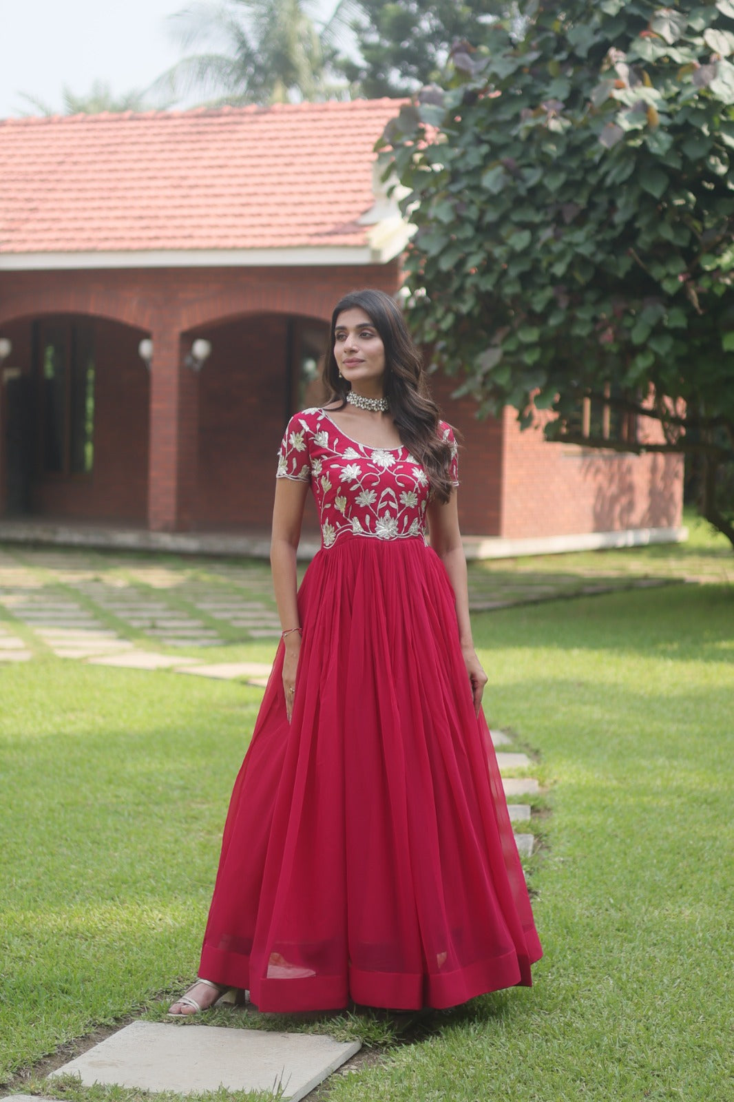 Luxuriant Pink Color Blooming  Sequins Embroidered work Gown