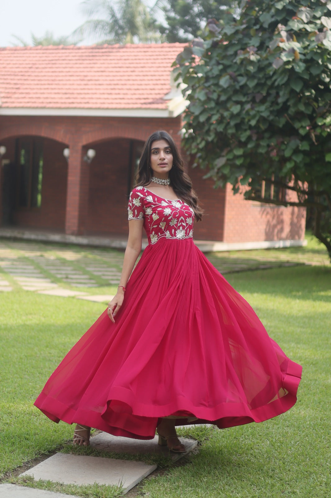 Luxuriant Pink Color Blooming  Sequins Embroidered work Gown