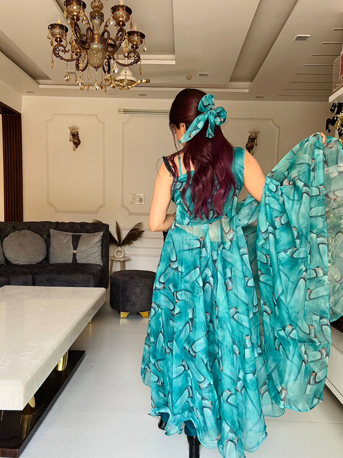 Opulent Organza Silk Aqua Blue Party Wear Dress vastracloth