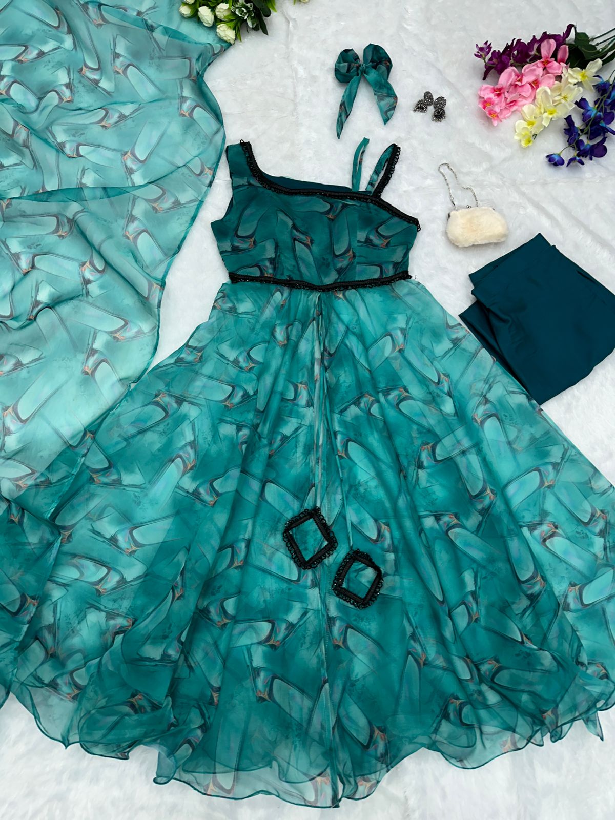 Opulent Organza Silk Aqua Blue Party Wear Dress