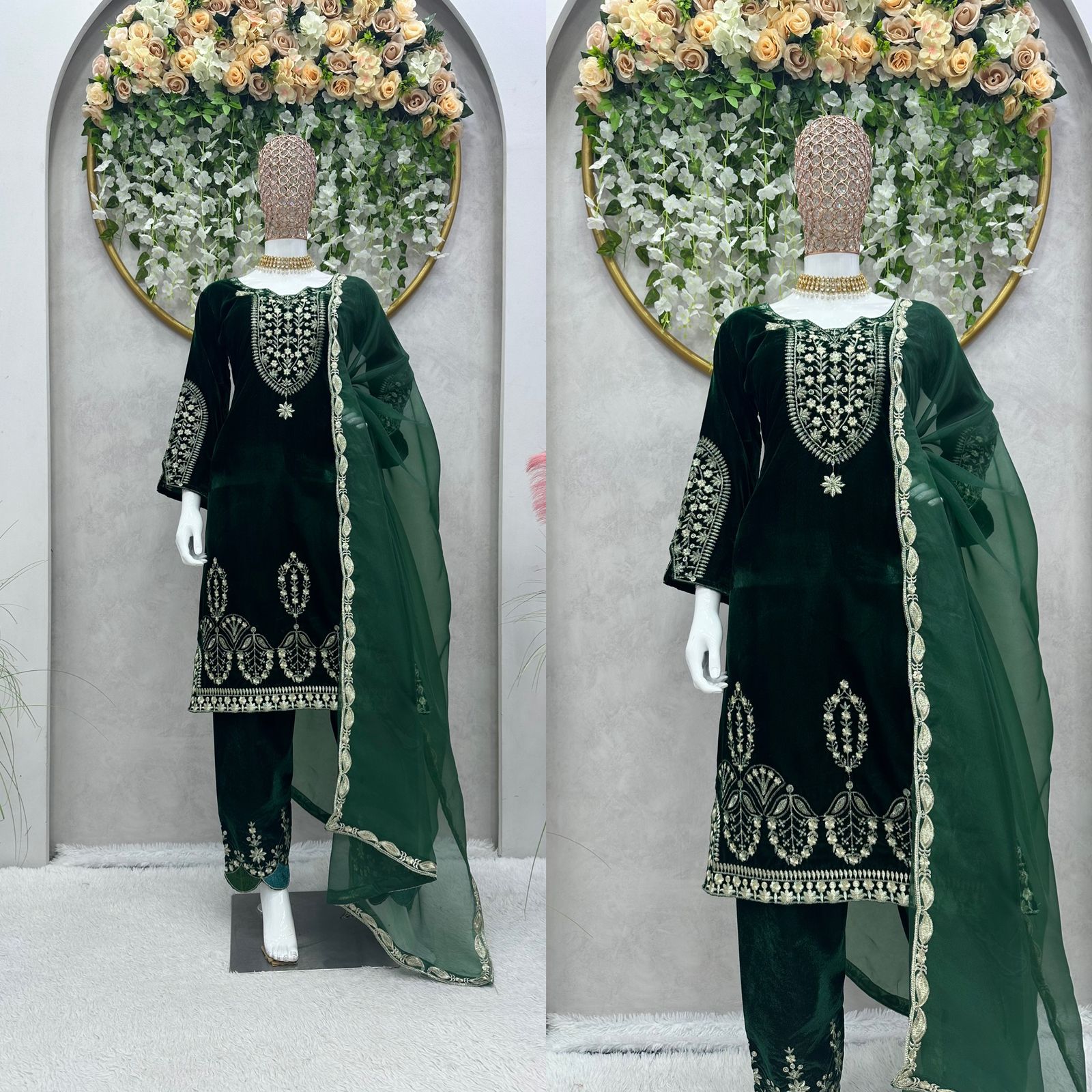Opulent  Green Color Velvet Thread Work Shalwar Suit
