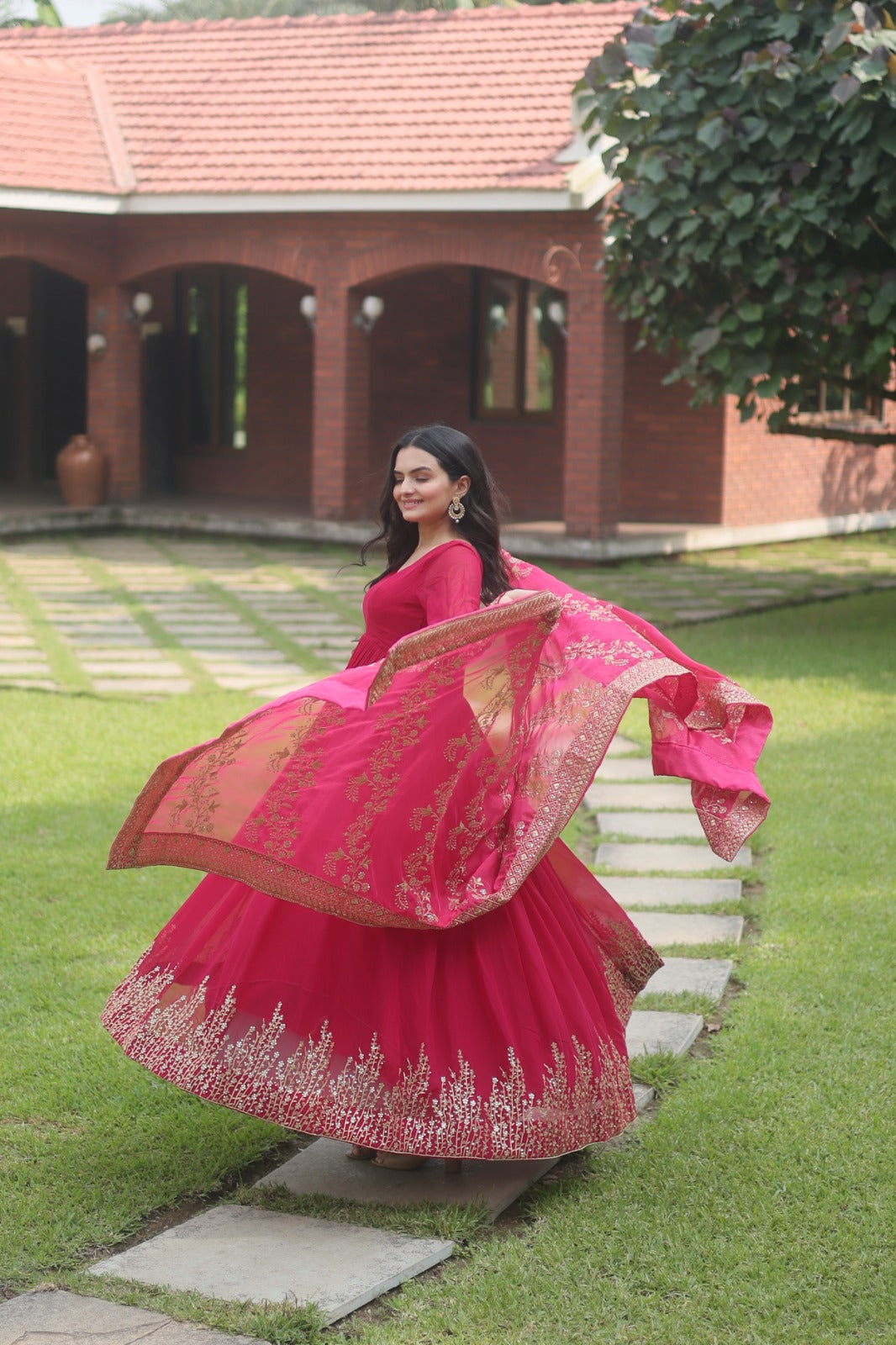 Stunning Pink Color Faux Blooming Multi-Sequins Embroidery work Gown