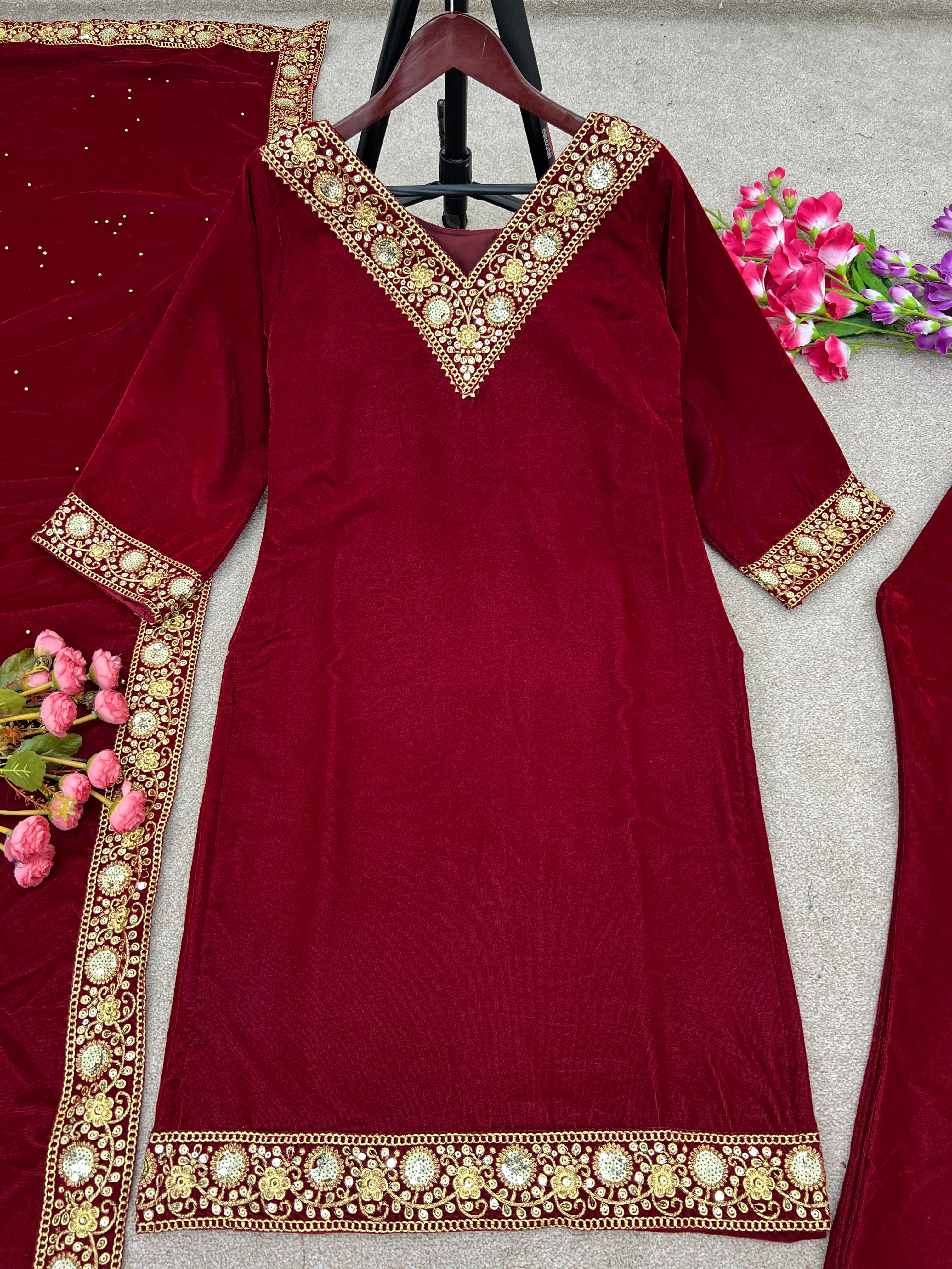 Mesmerizing  Red Color Velvet Embroidery Sequence Work Top With Bottom