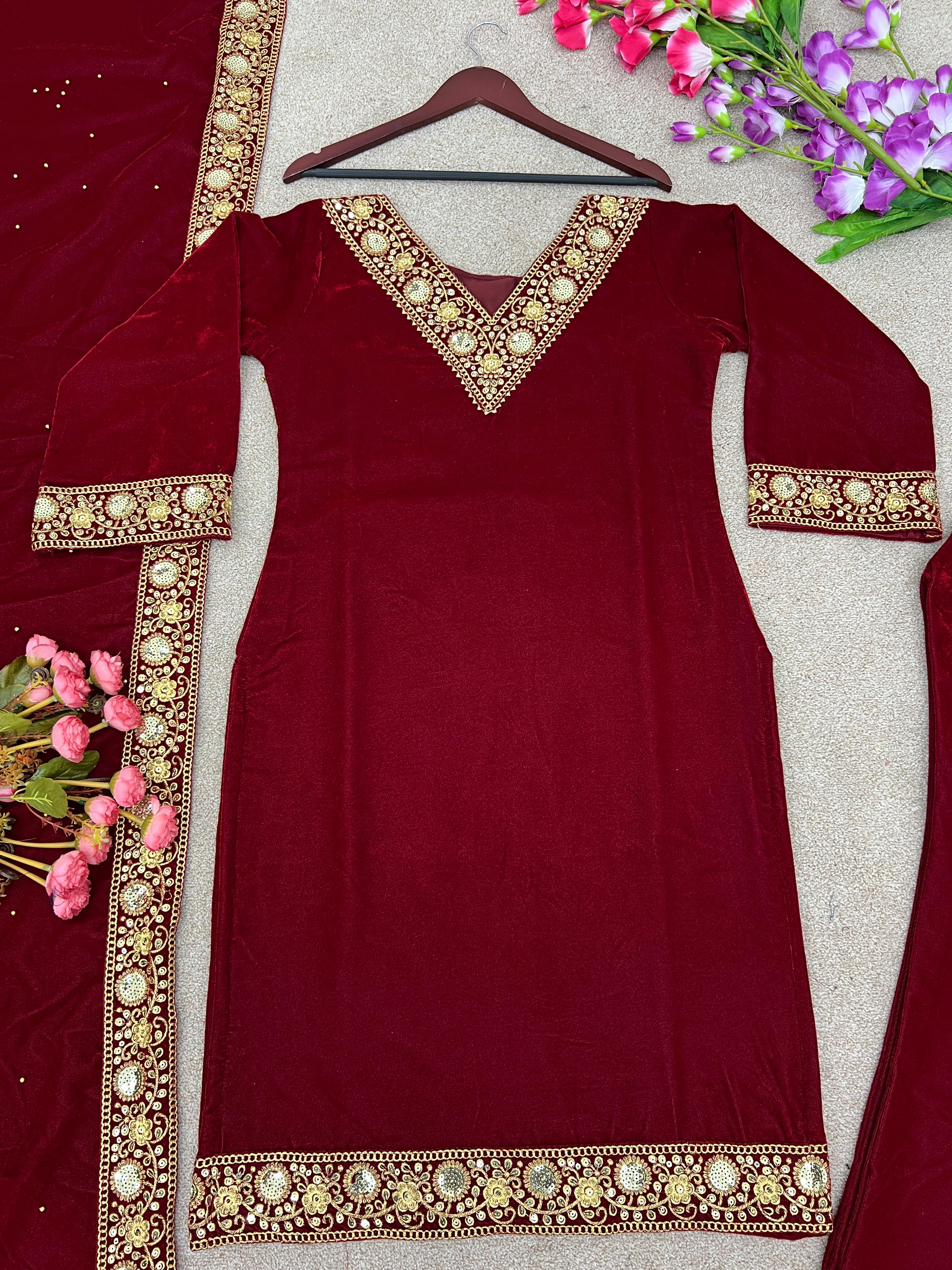 Mesmerizing  Red Color Velvet Embroidery Sequence Work Top With Bottom