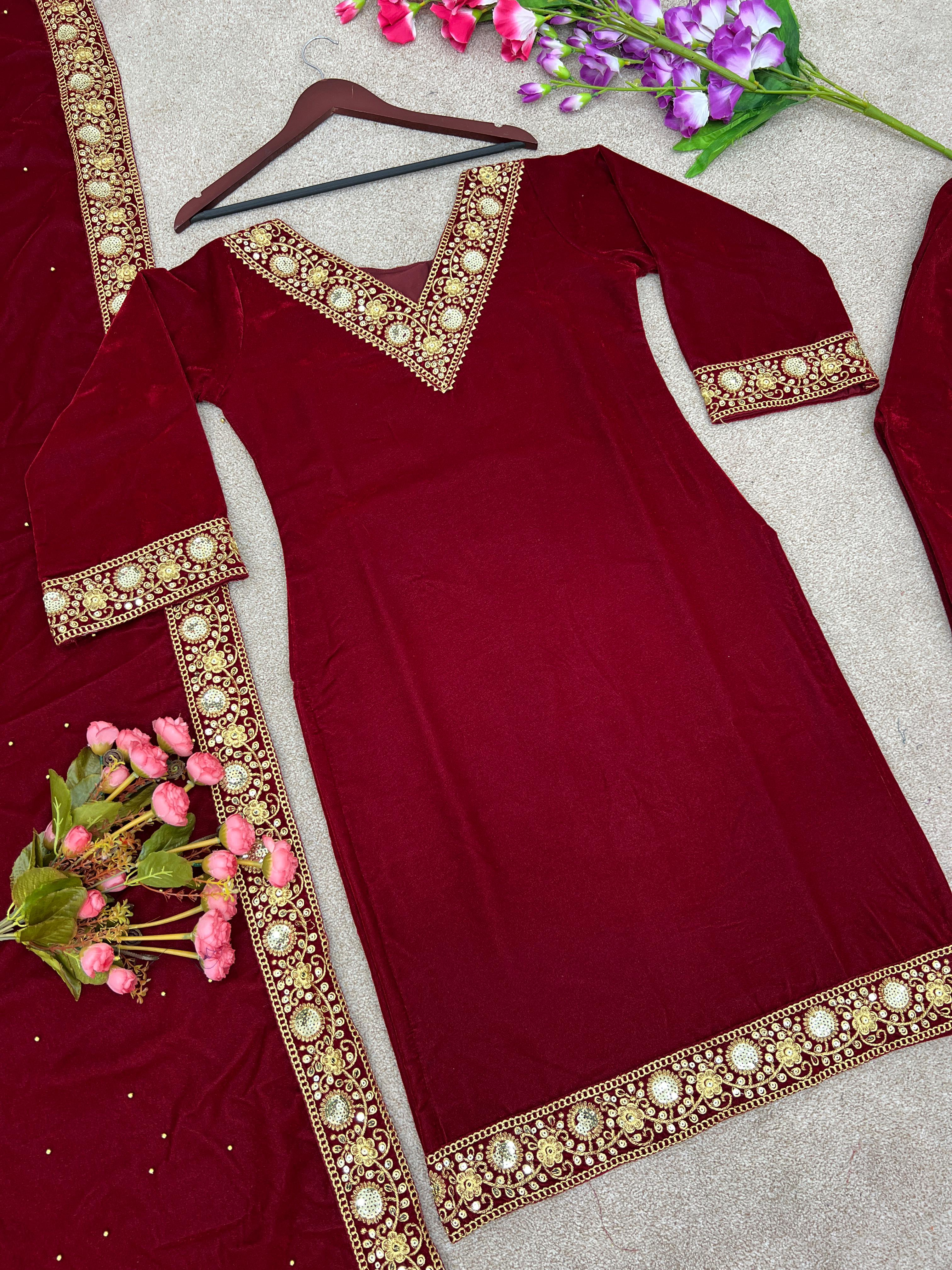 Mesmerizing  Red Color Velvet Embroidery Sequence Work Top With Bottom