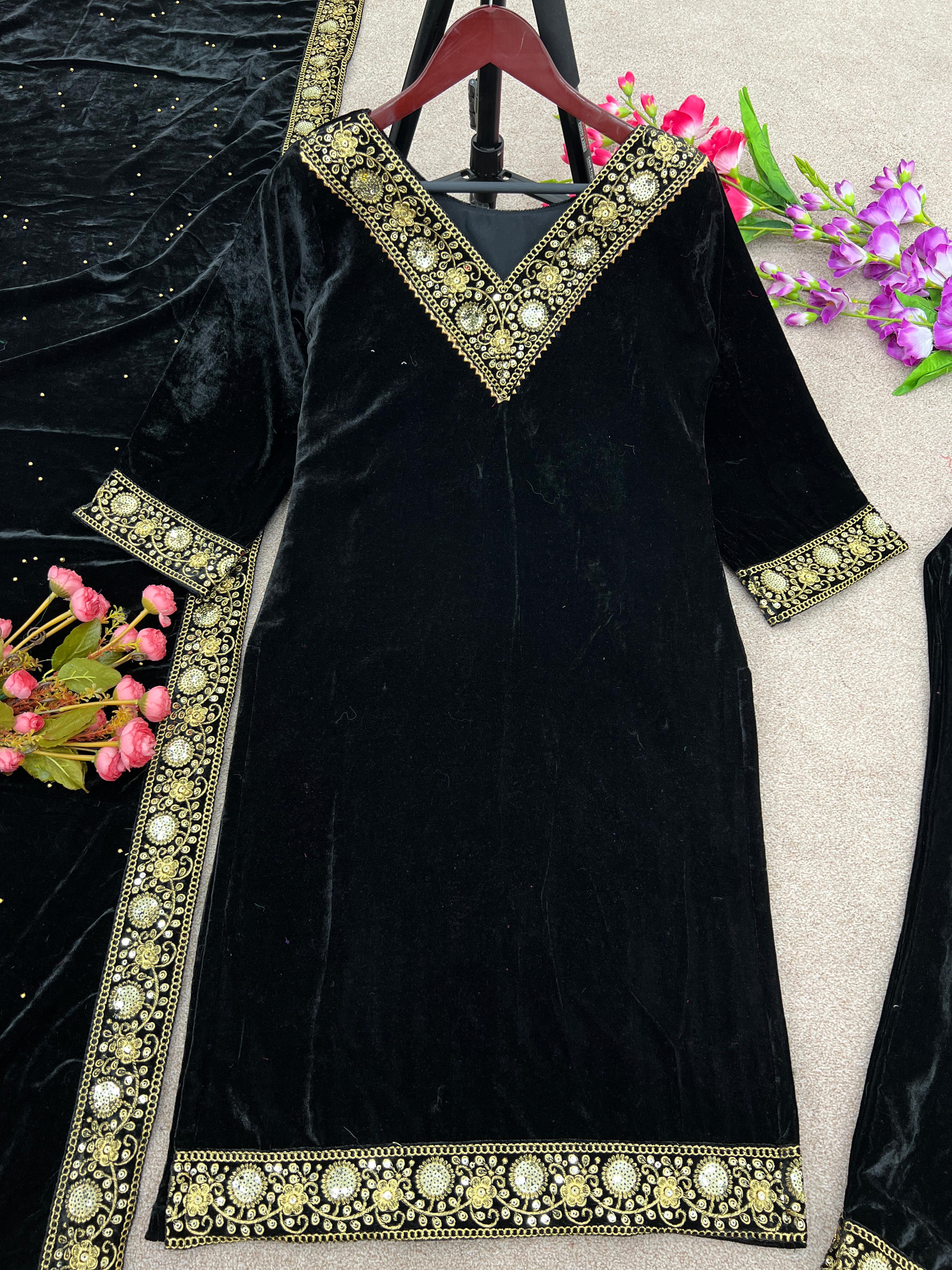 Mesmerizing  Black Color Velvet Embroidery Sequence Work Top With Bottom