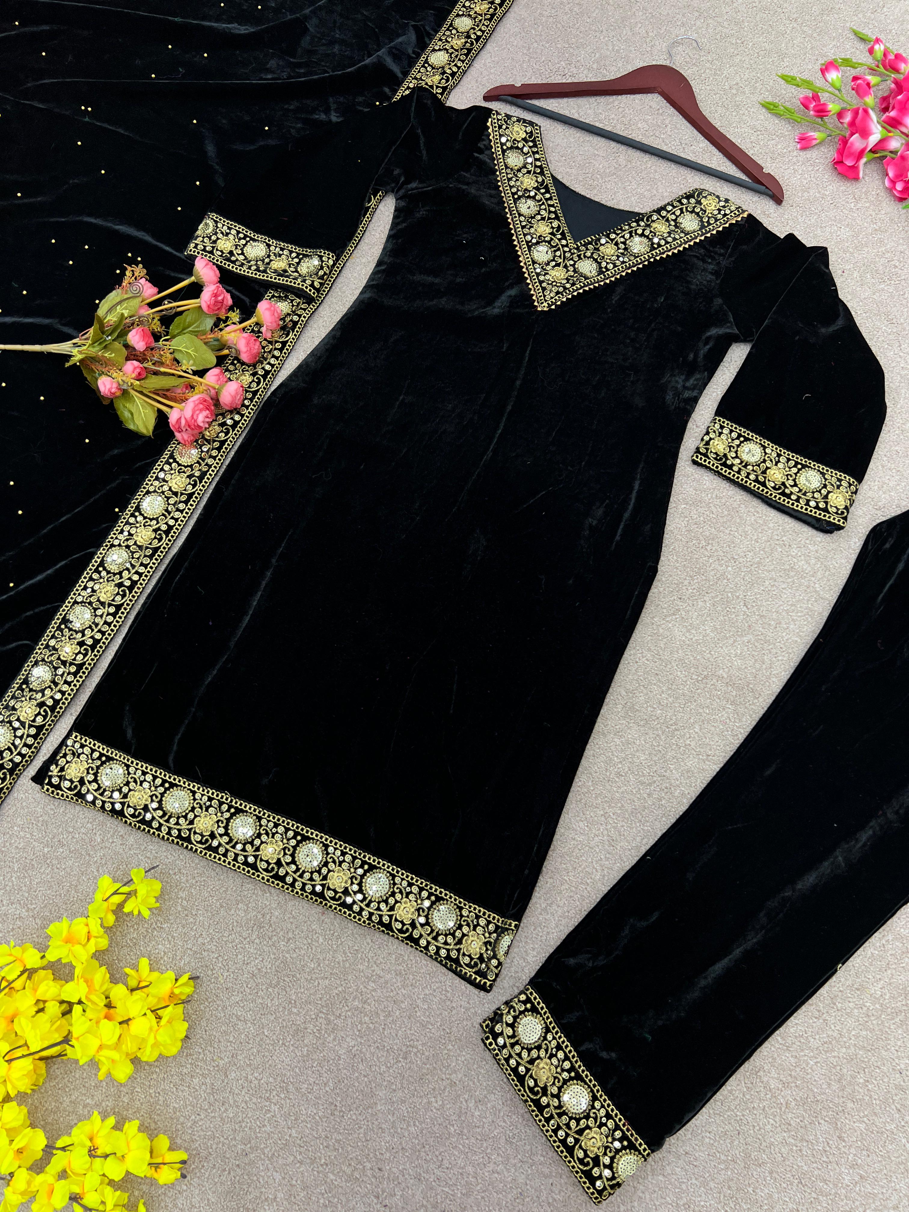 Mesmerizing  Black Color Velvet Embroidery Sequence Work Top With Bottom