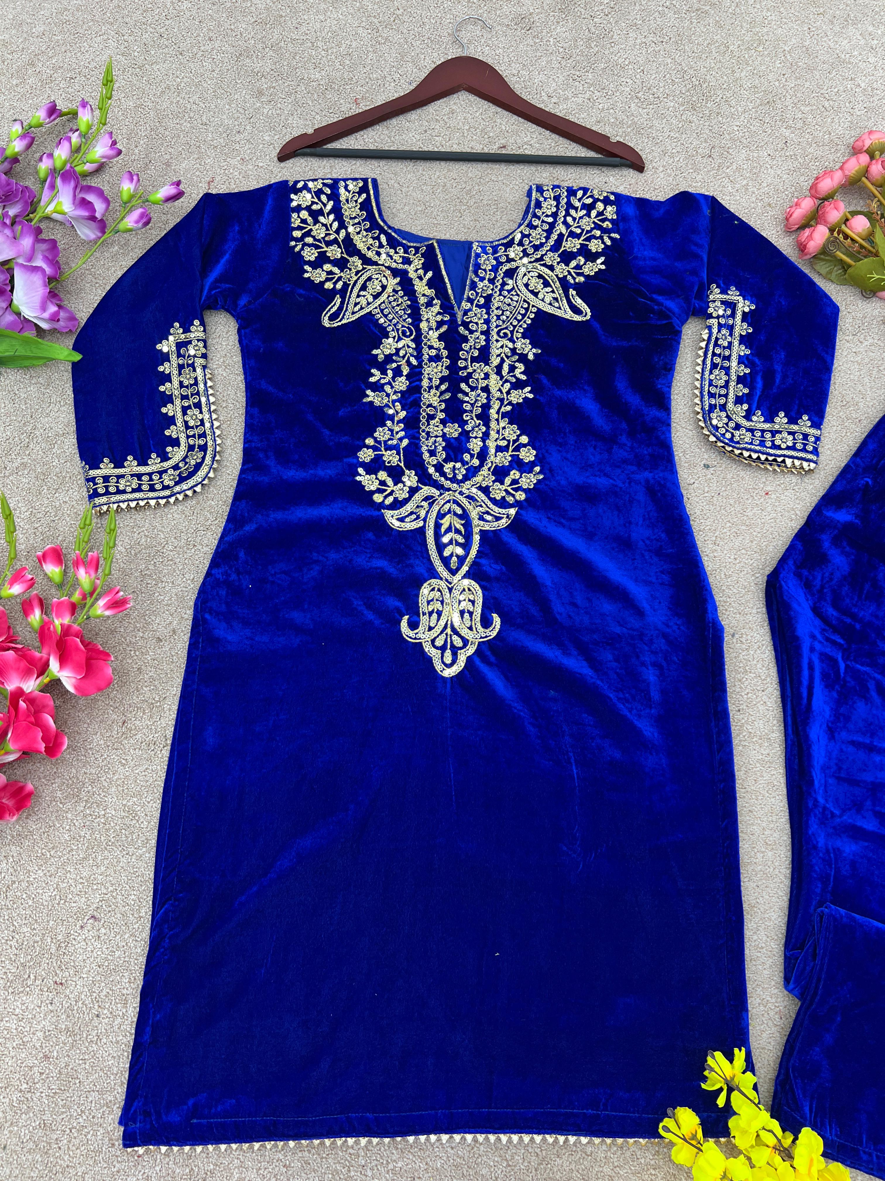 Mesmerizing Blue Color Velvet With Embroidery Work  Anarkali Suit