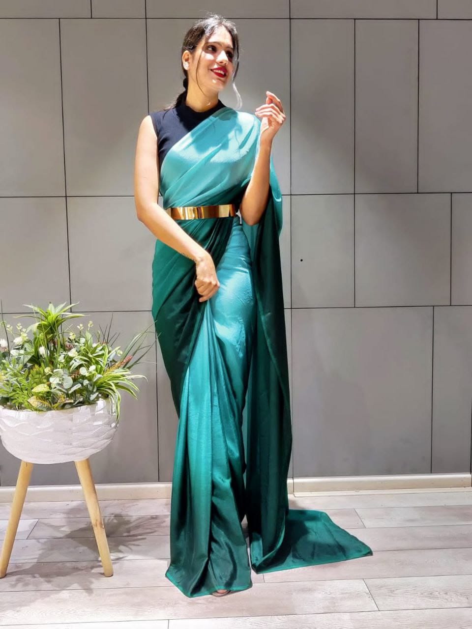 Mesmerizing  Teal Color Chinnon Silk Ready To Wear saree