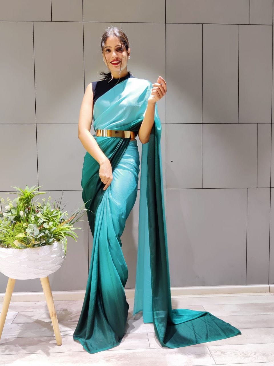 Mesmerizing  Teal Color Chinnon Silk Ready To Wear saree