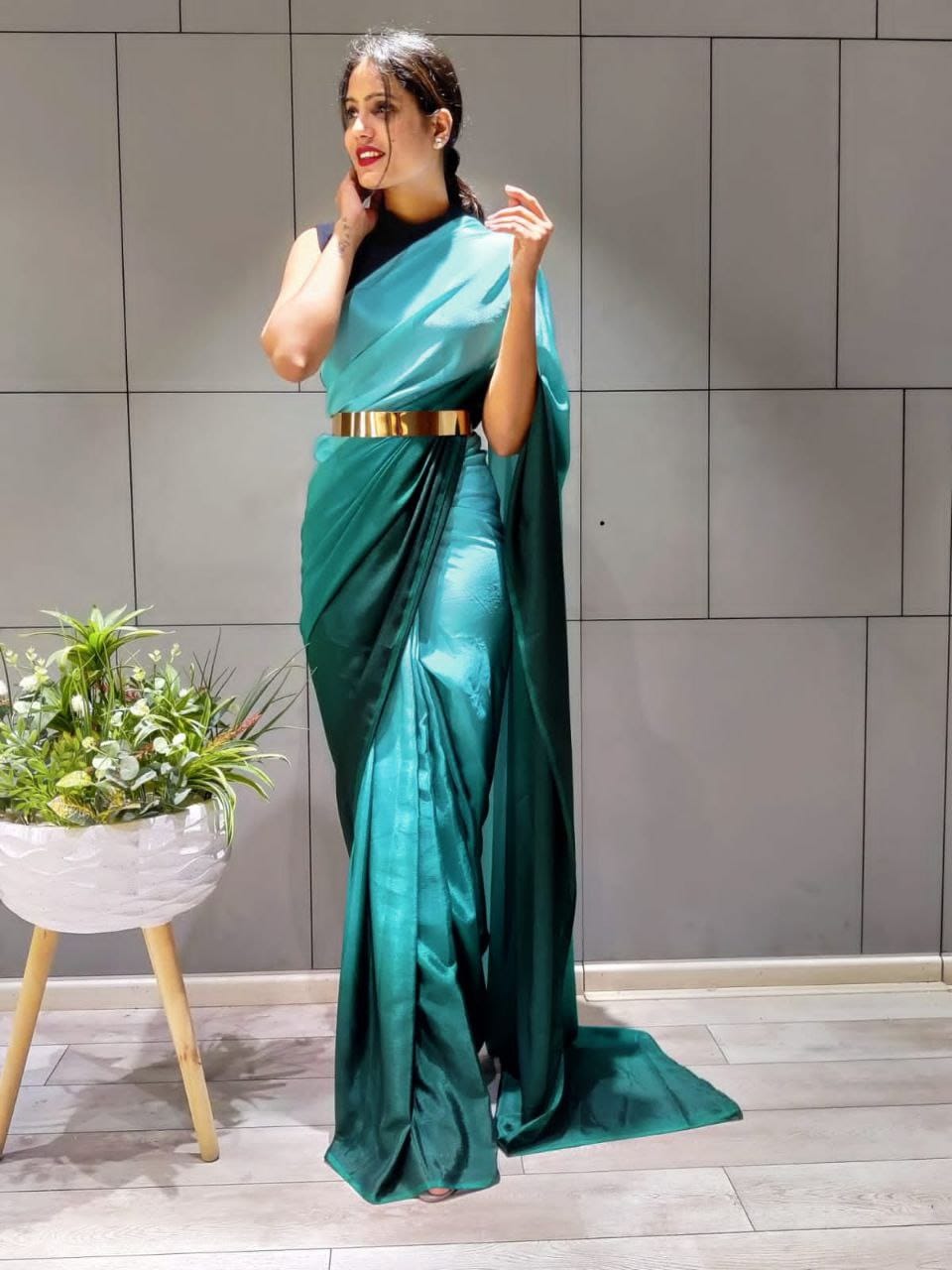 Mesmerizing  Teal Color Chinnon Silk Ready To Wear saree