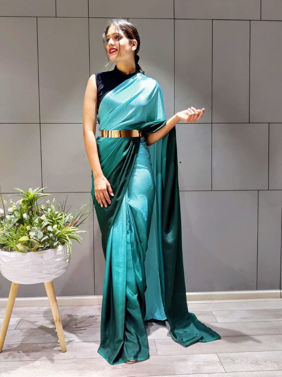 Mesmerizing  Teal Color Chinnon Silk Ready To Wear saree