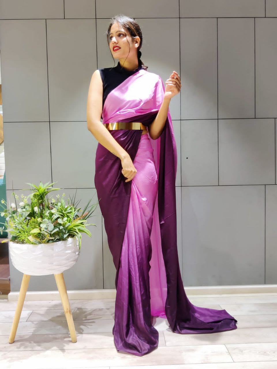 Mesmerizing  Pupal Color Chinnon Silk Ready To Wear saree