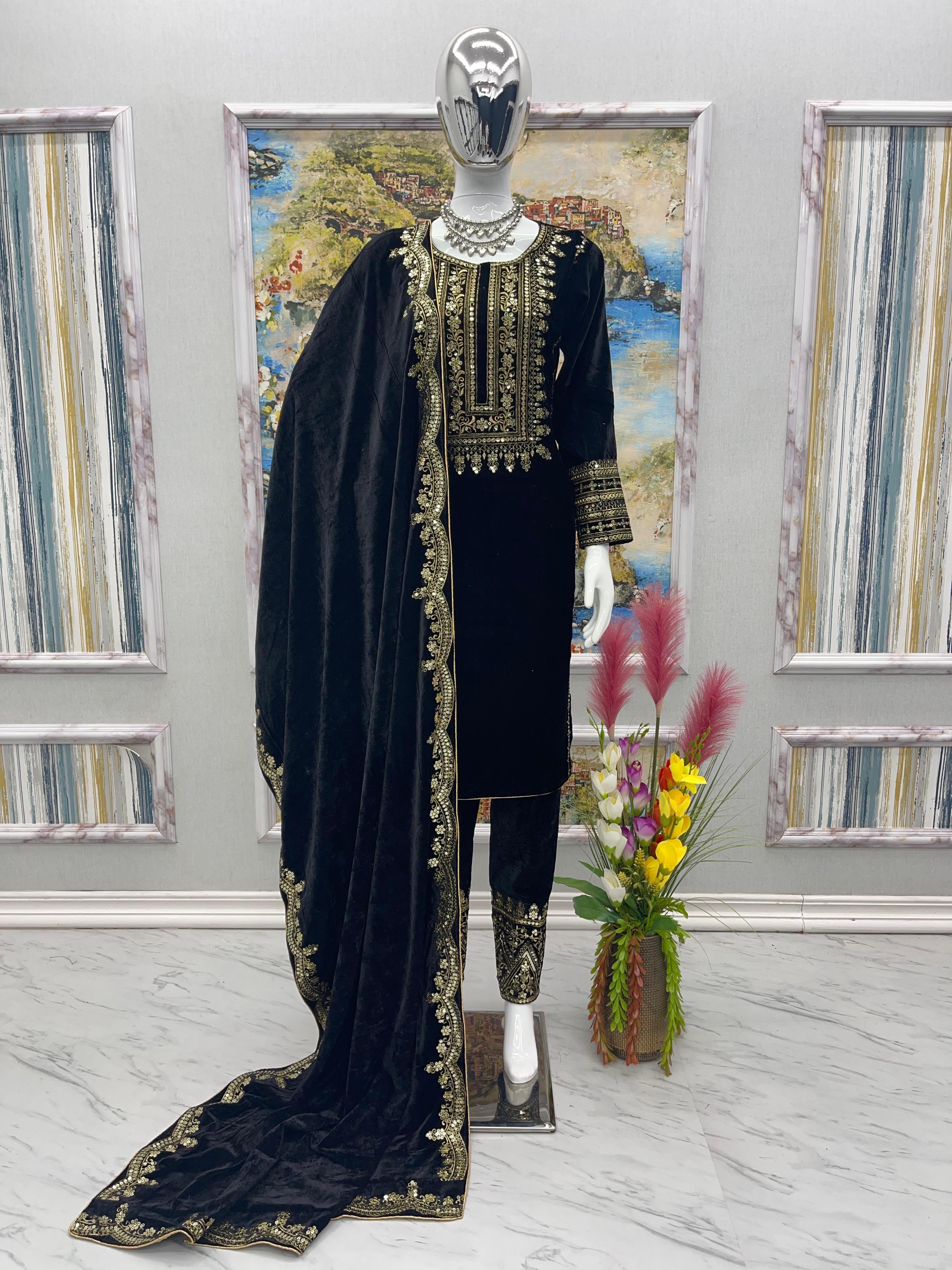 Fantastic Design Black  Color Viscose Velvet Salwar Suit