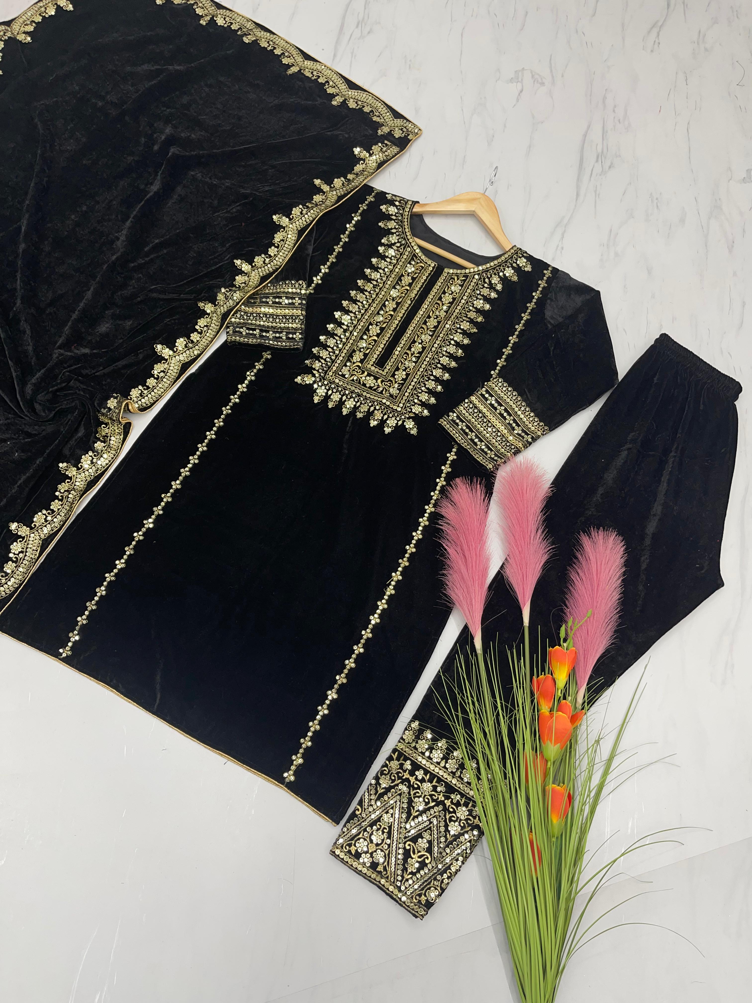 Fantastic Design Black  Color Viscose Velvet Salwar Suit