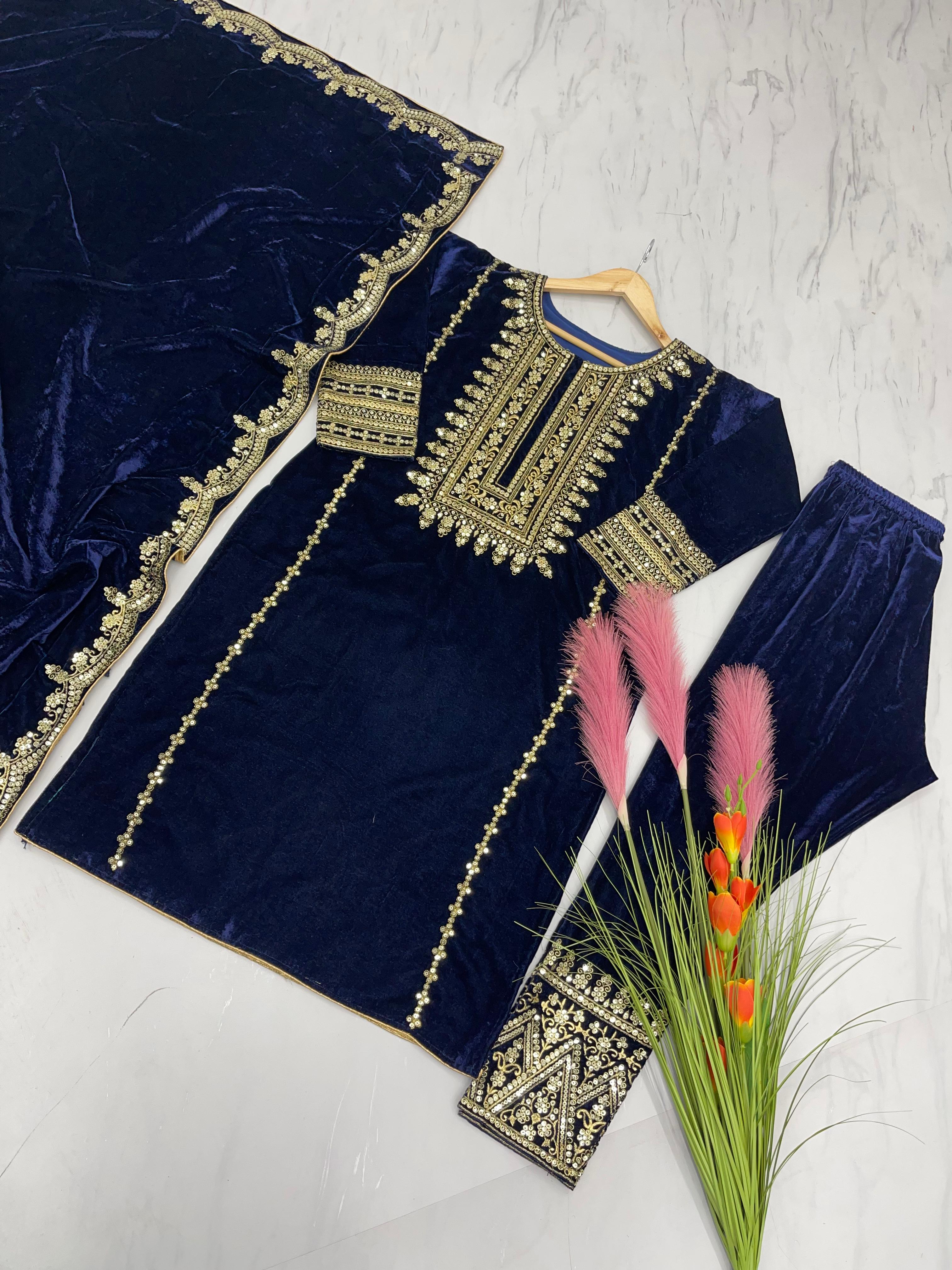 Amazing  Design Blue  Color Viscose Velvet Salwar Suit