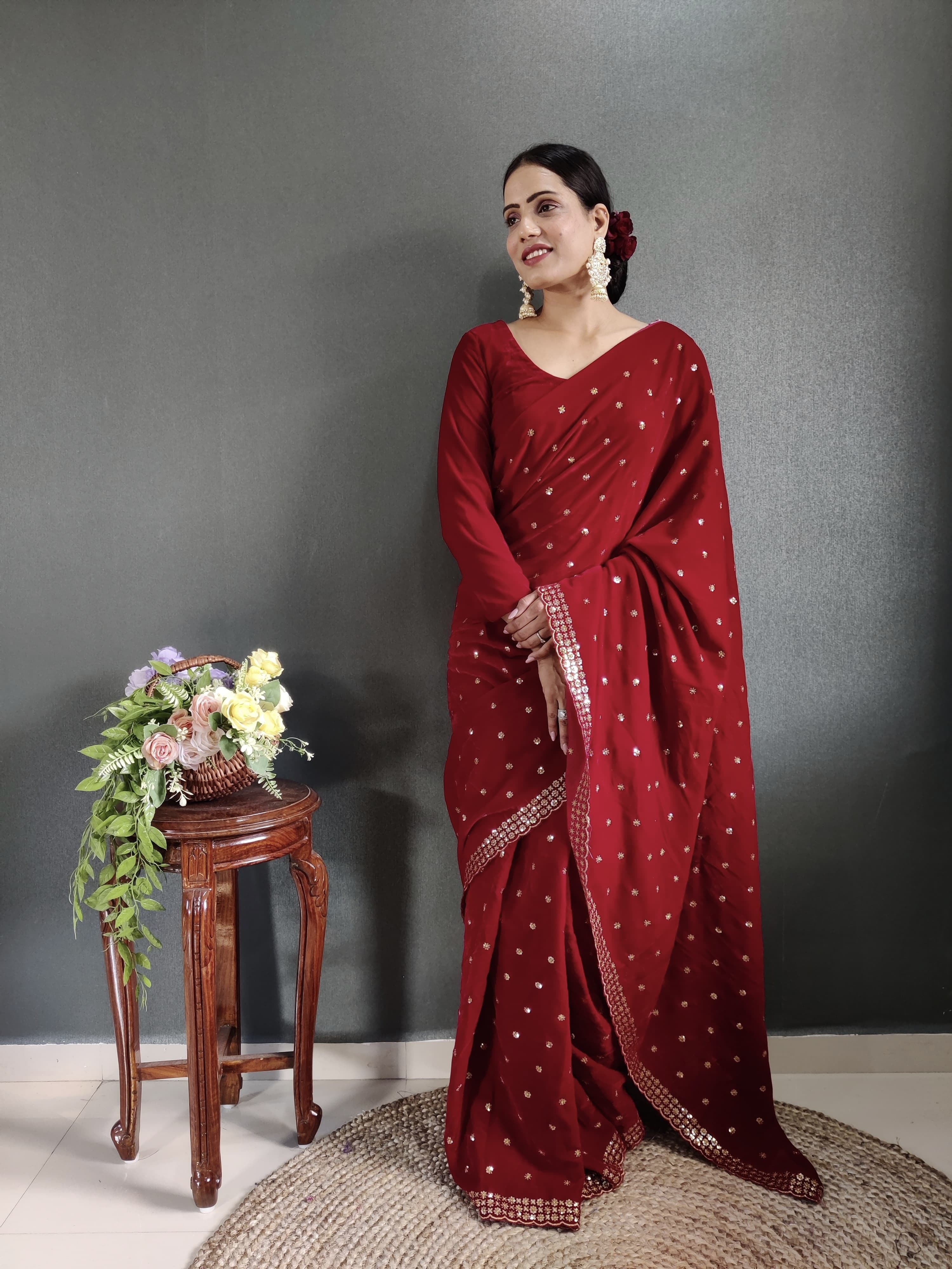 Most Beautiful  Red Color Velvet Ready To Wear Saree
