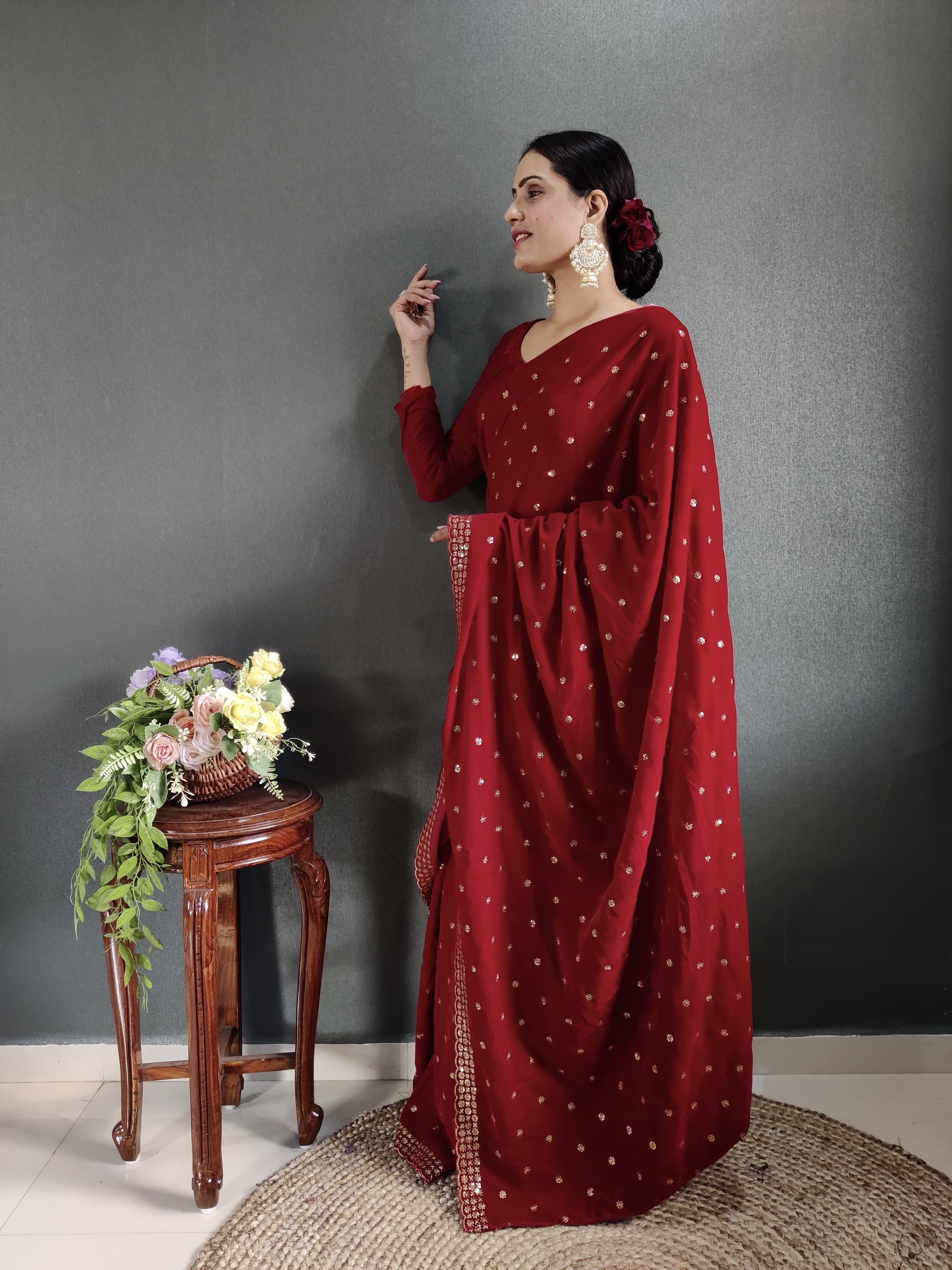 Most Beautiful  Red Color Velvet Ready To Wear Saree