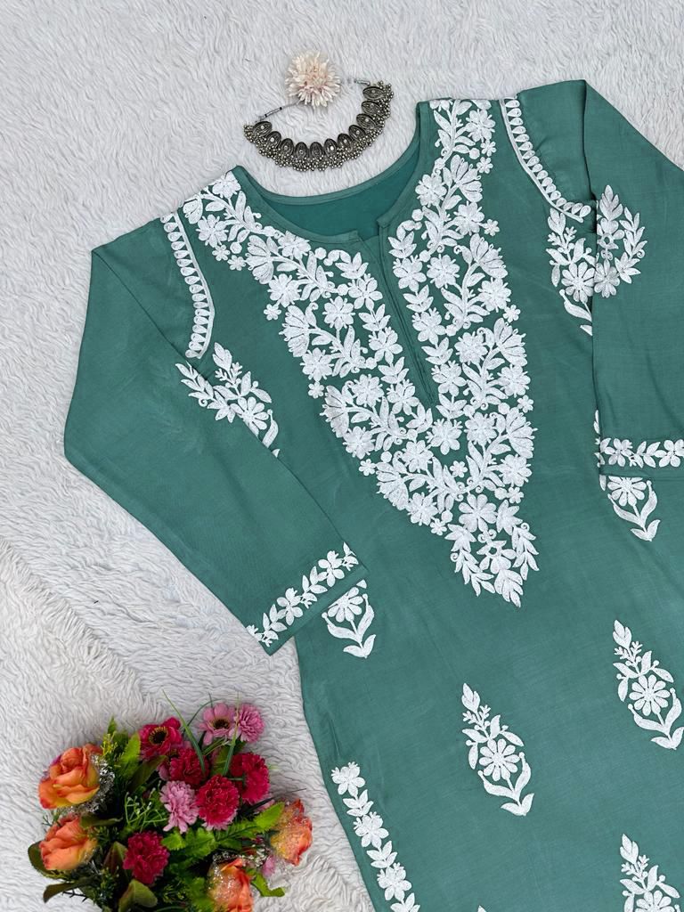 Precious Rama Color Reyon Chinestich work Suit