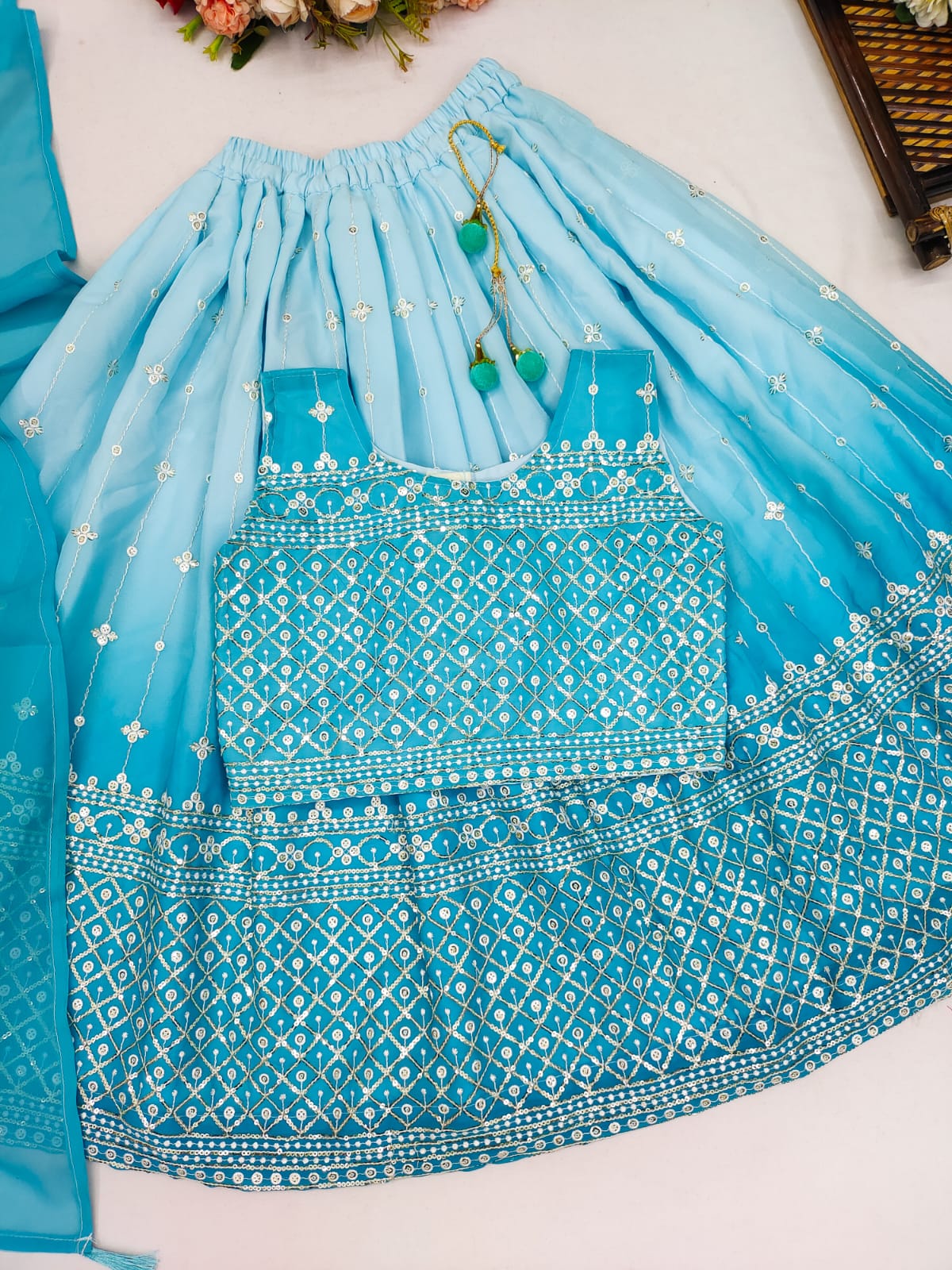 Stylish Sky Blue Color Faux Georgette Beautiful Digital Print &Sequins Embroidered  Work