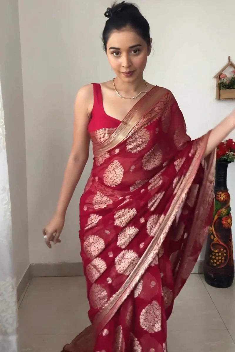 Precious  Red Color Ready To Wear saree