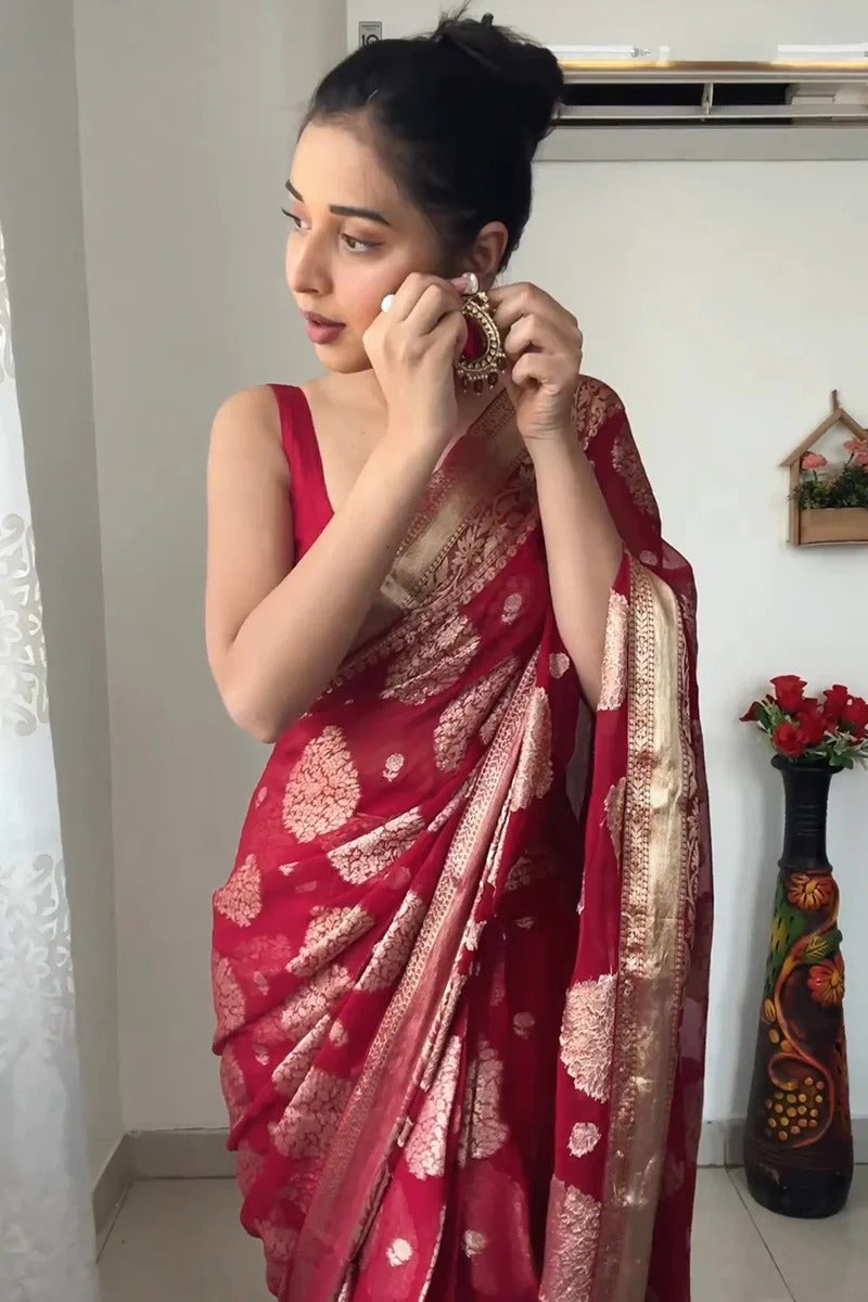 Precious  Red Color Ready To Wear saree