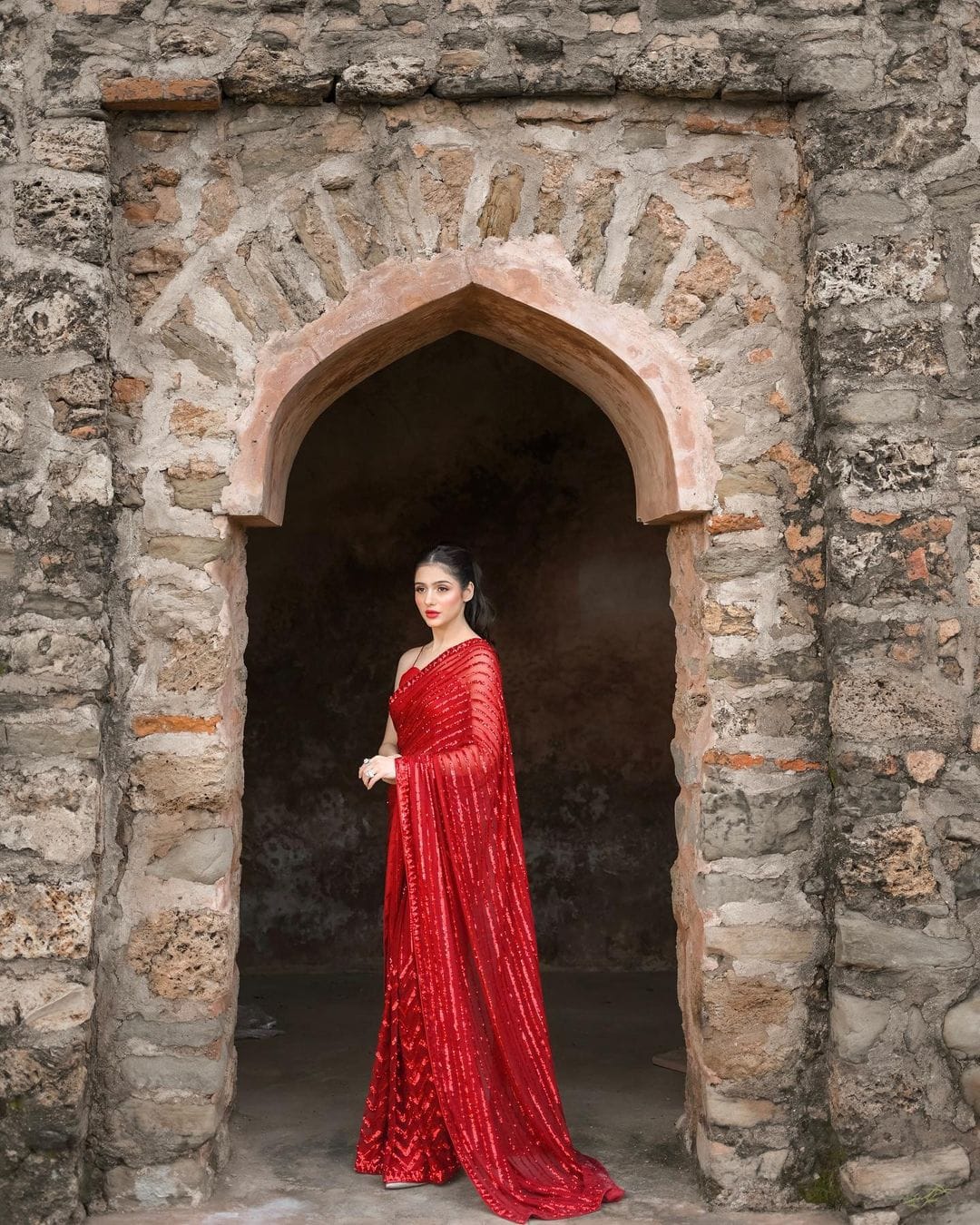 Fabulous Red Color Georgette Sequins Embroidery work saree